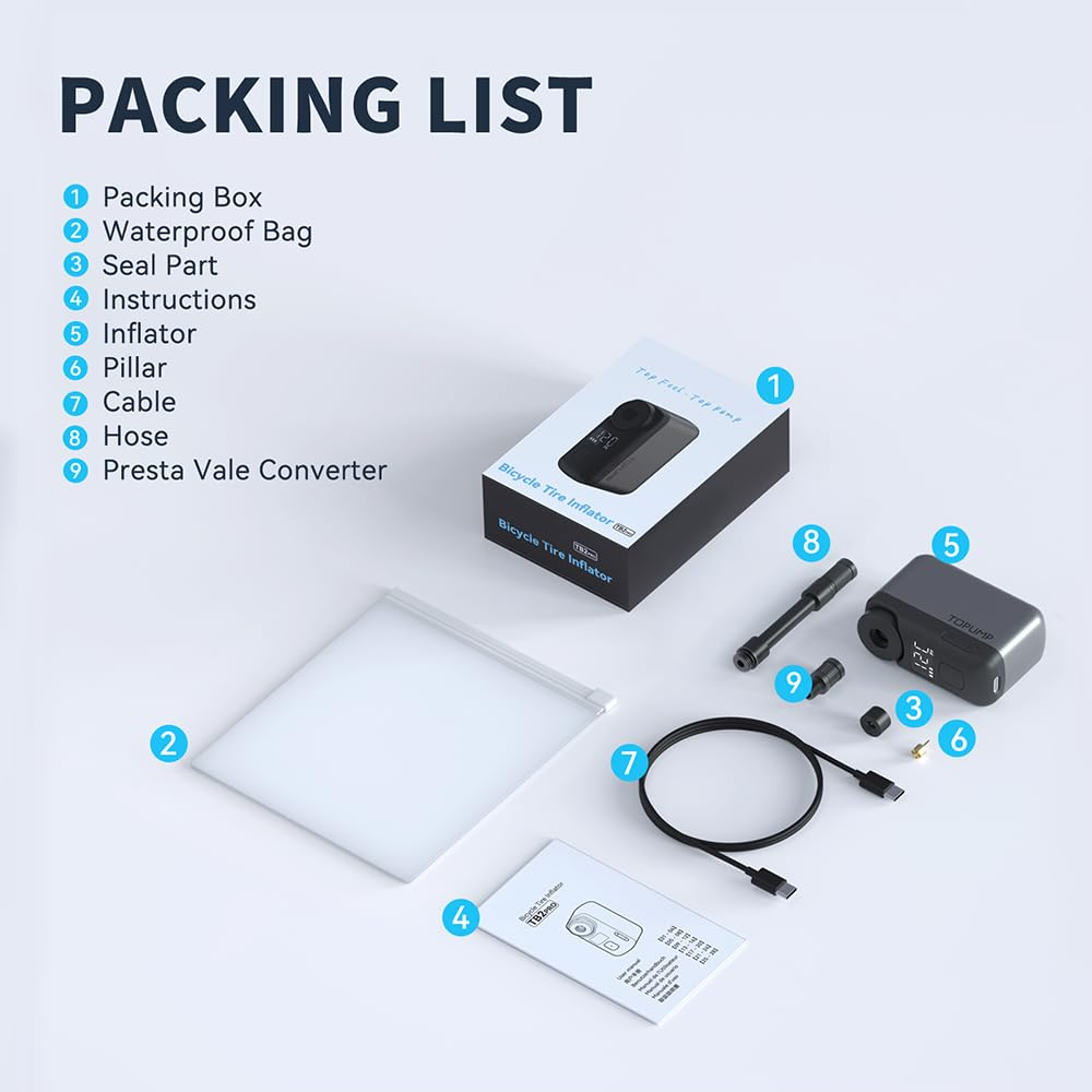 Verpackungsliste mit nummerierten Teilen einer Fahrradpumpe, einschließlich Box, Beutel, Kabel und Zubehör.