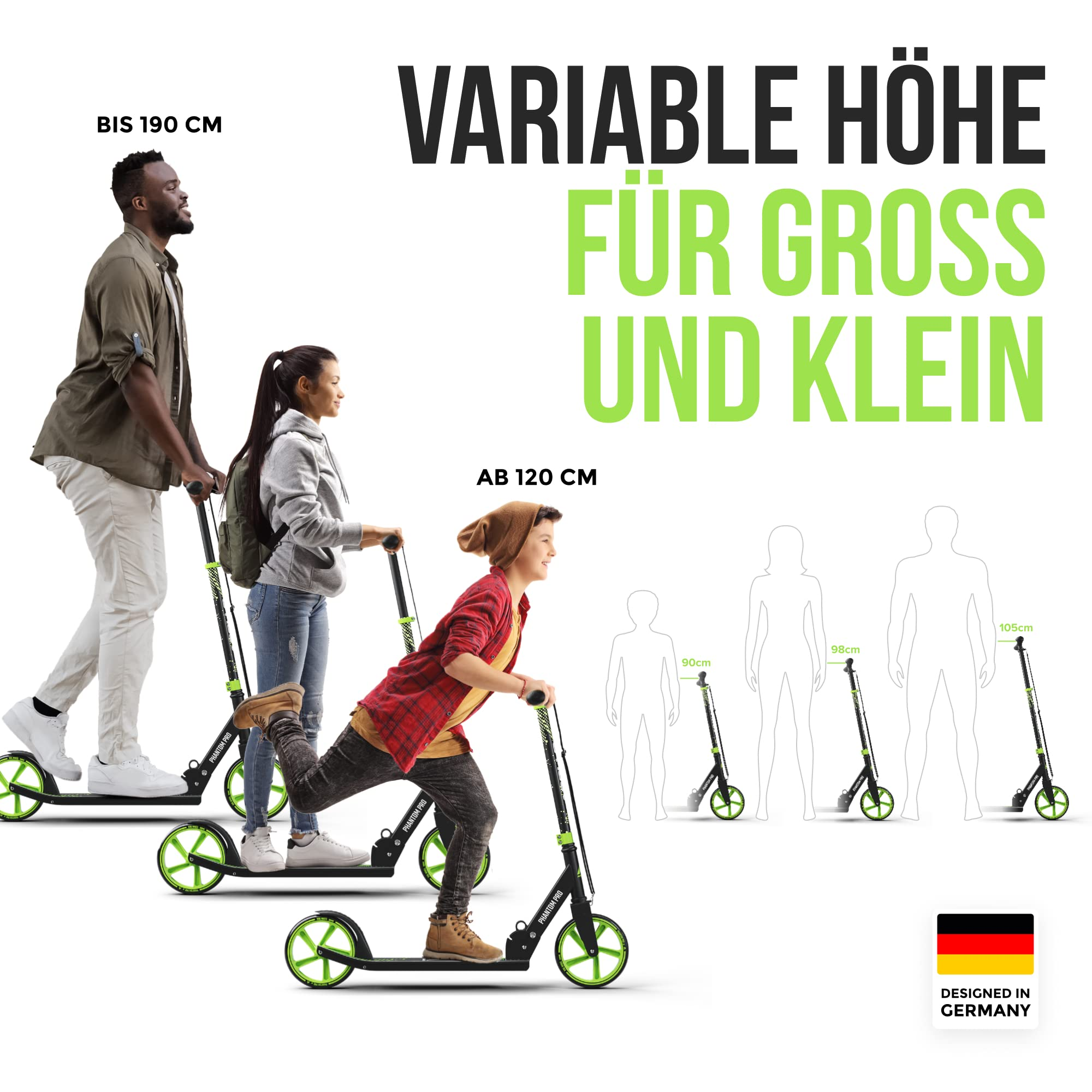 Trois personnes de tailles différentes conduisent des trottinettes noires avec des accents verts sur fond blanc.