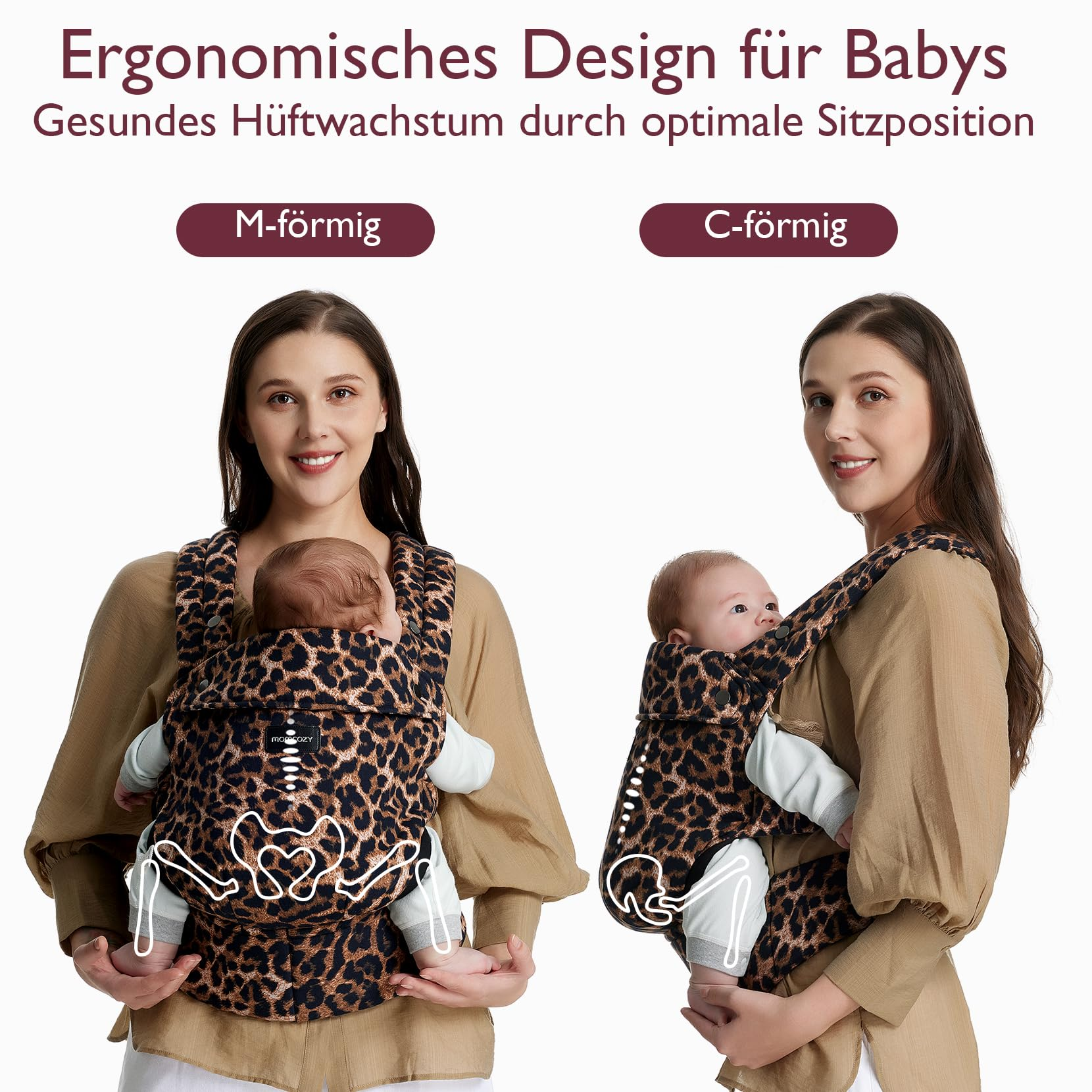 Diagramma che mostra un marsupio ergonomico con forme a M e C per i fianchi.