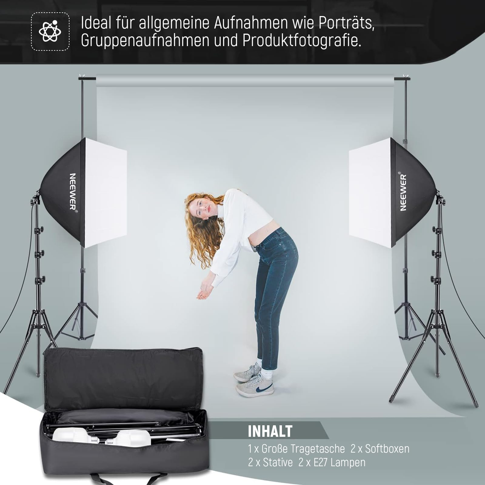 Kit studio avec boîtes à lumière, pieds et femme devant fond blanc, avec sac de transport.