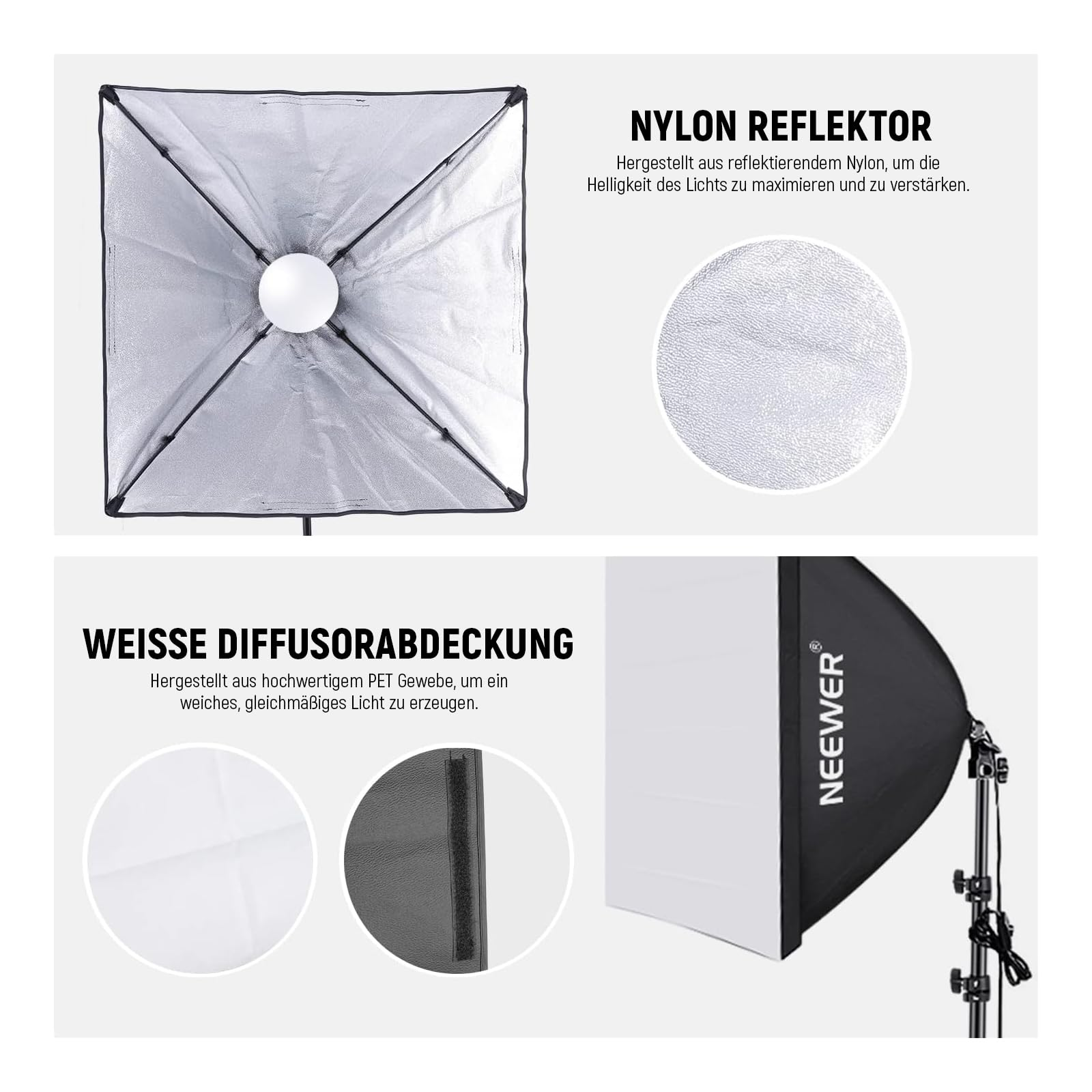Boîte à lumière Neewer avec réflecteur nylon et diffuseur blanc.