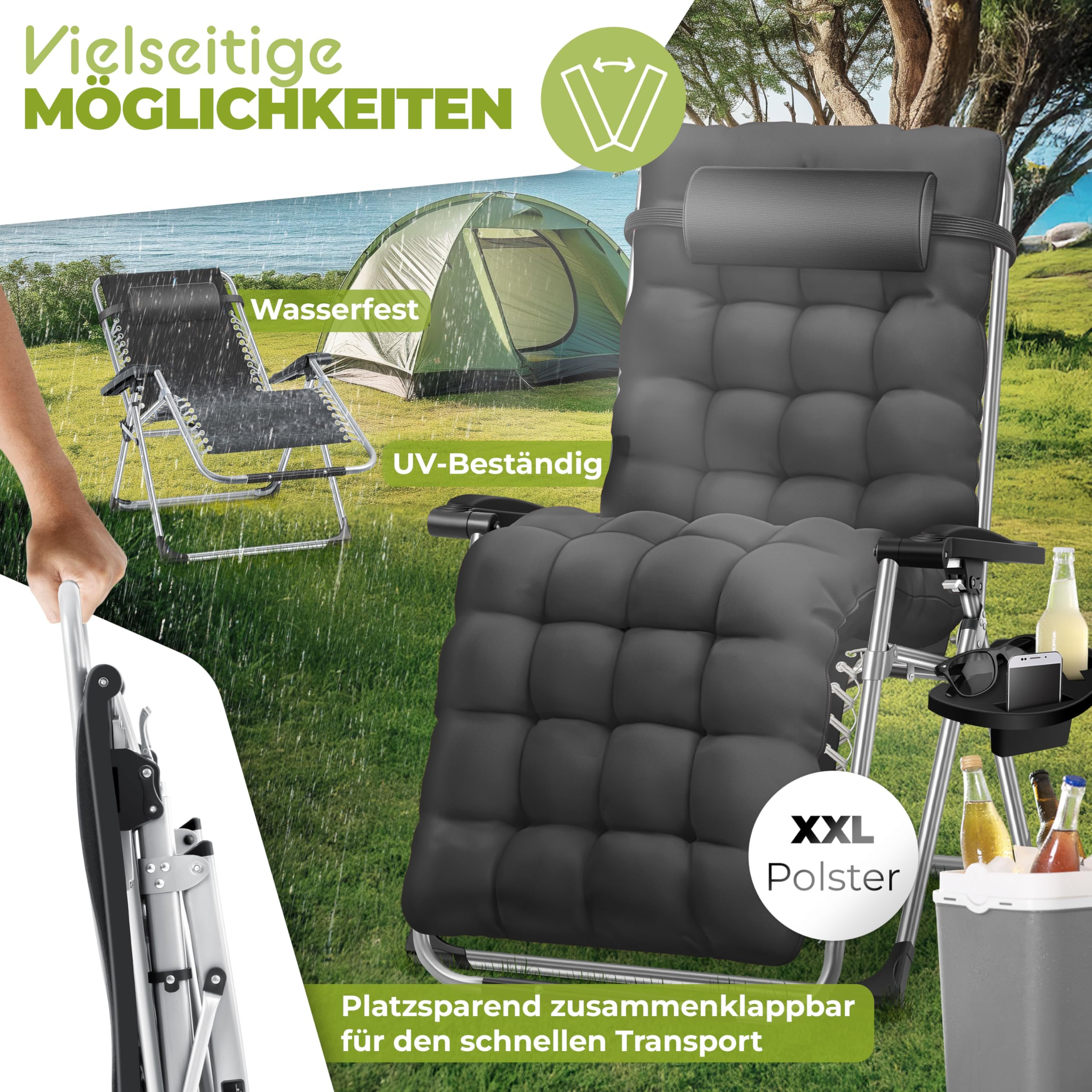 Ein grauer XXL-Gartenstuhl mit Polster, wasserfest und UV-beständig, vor einer Zeltlandschaft und im Gras.