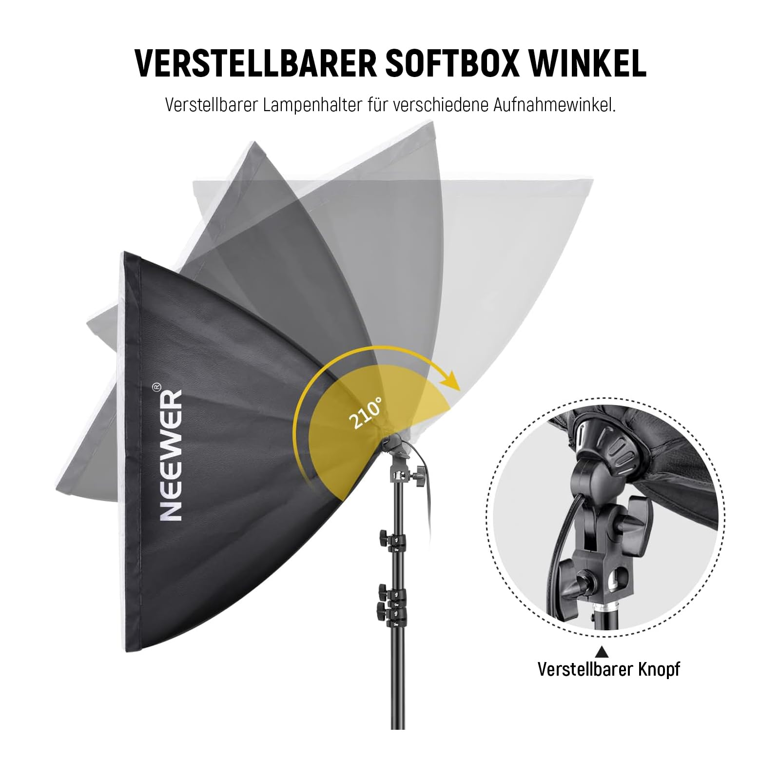 Softbox réglable avec une plage de rotation de 210 degrés et zoom sur le bouton.