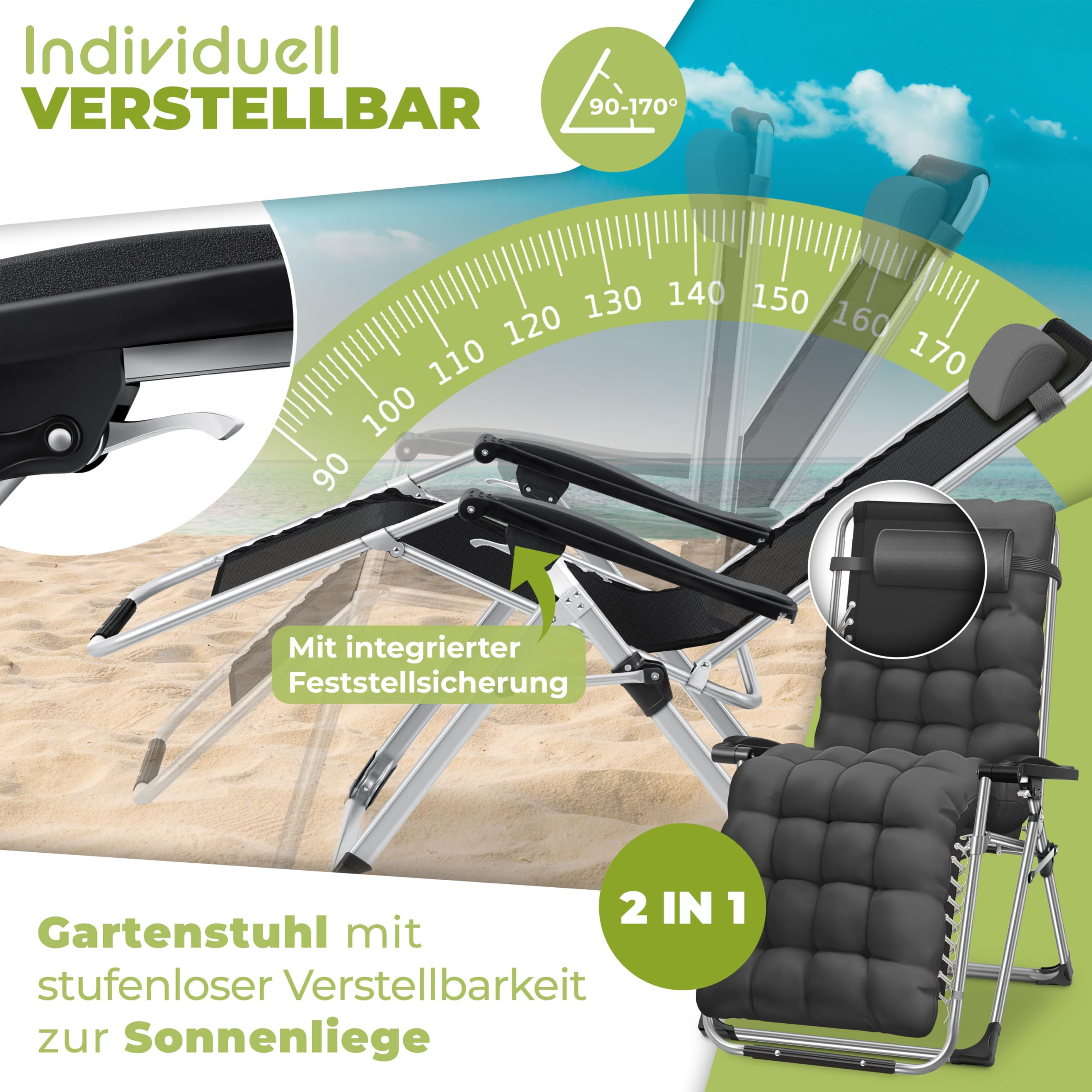 Ein verstellbarer schwarzer Gartenliegestuhl verwandelt sich am Strand in eine Sonnenliege mit Skala.