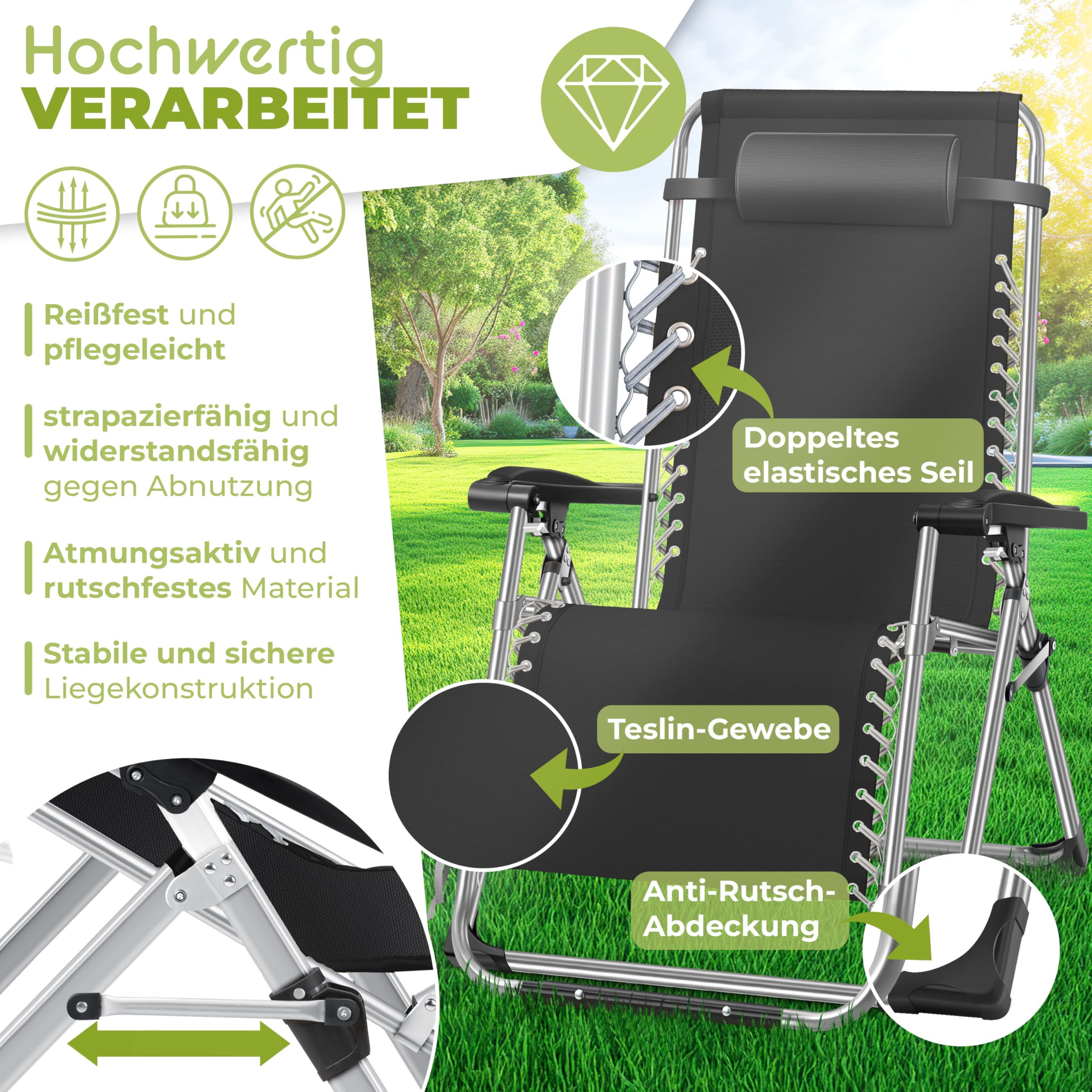 Schwarzer Gartenstuhl auf Rasen mit Details zu Teslin-Gewebe und elastischen Seilen.