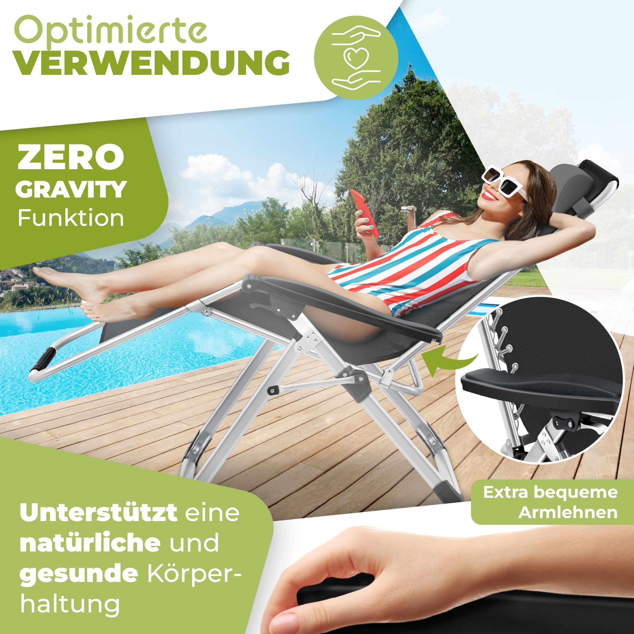 Eine Frau entspannt in einem Zero-Gravity-Liegestuhl am Pool und hält ein Smartphone.