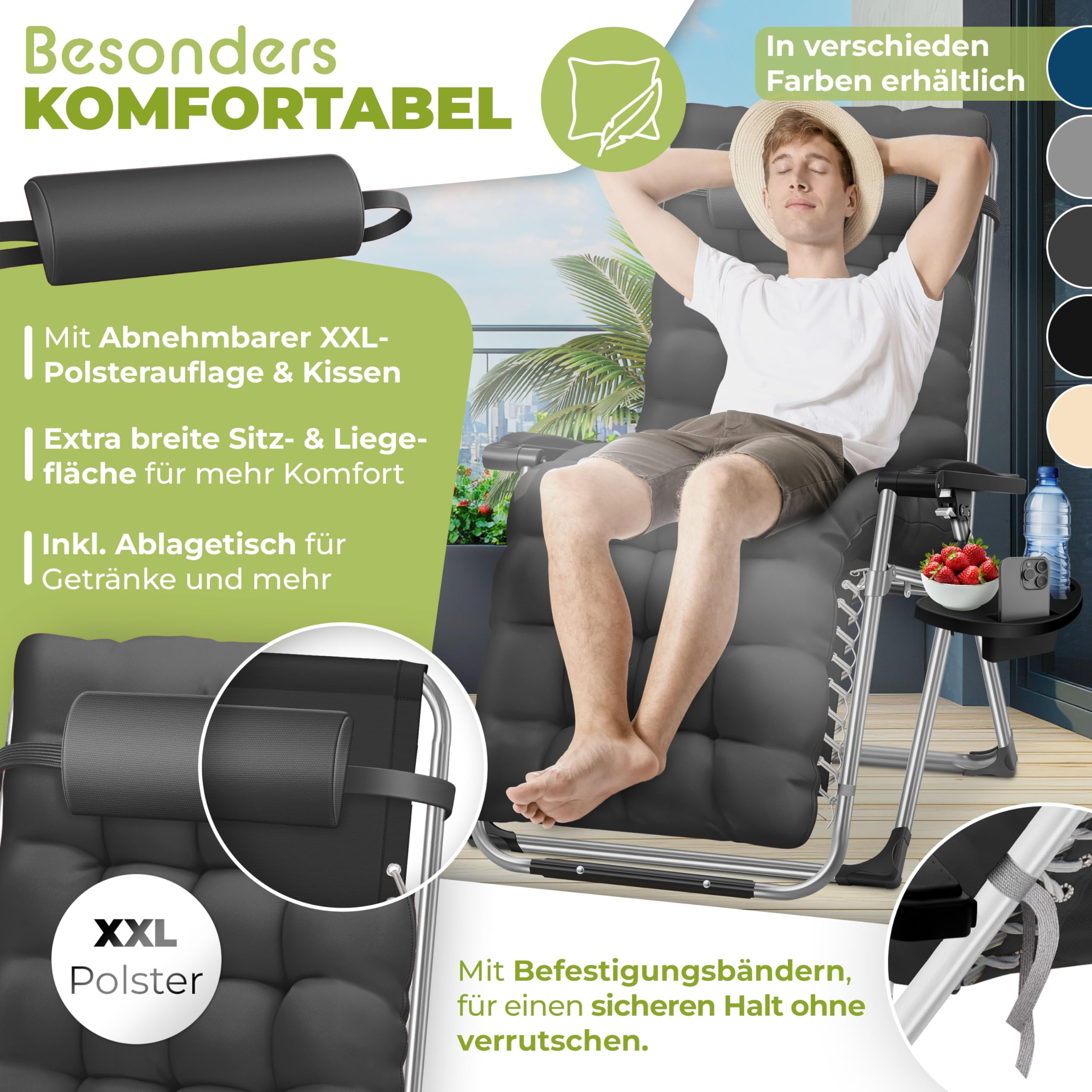 Ein Mann entspannt auf einer bequemen schwarzen Gartenliege mit Beistelltisch, Kissen und deutscher Werbebeschriftung.