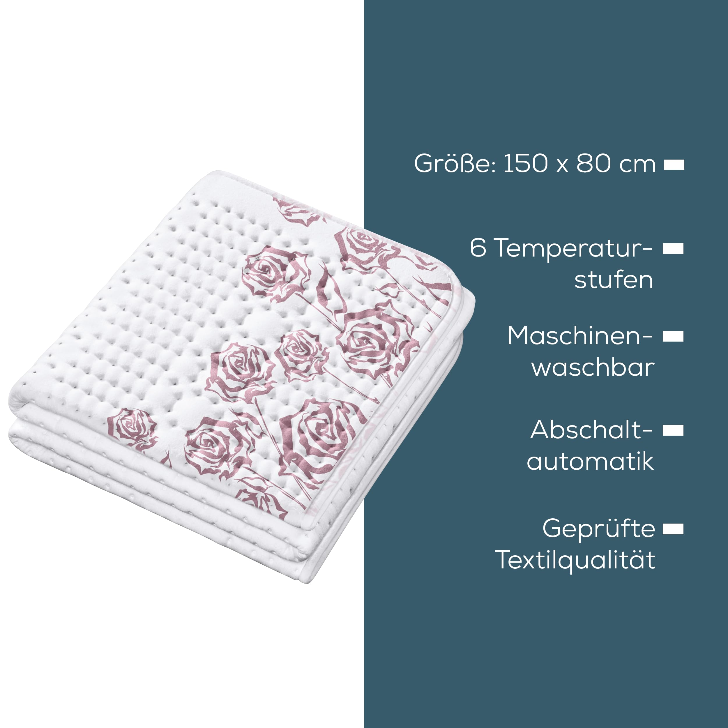 Coprimaterasso elettrico bianco con motivo di rose rosa, testo in tedesco elenca caratteristiche come dimensioni e lavabilità.