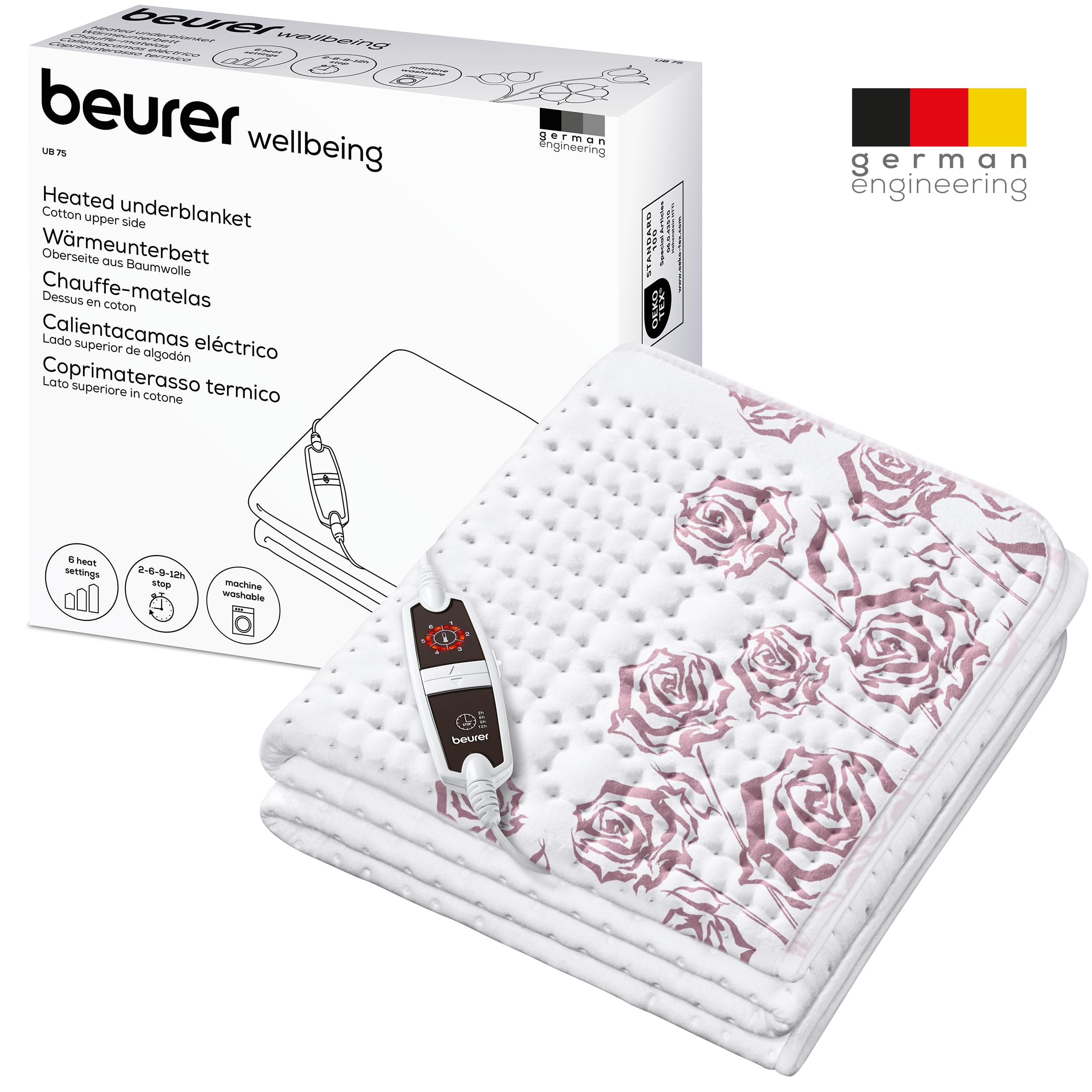 Coprimaterasso termico Beurer bianco con motivo di rose rosa, telecomando e confezione sullo sfondo.