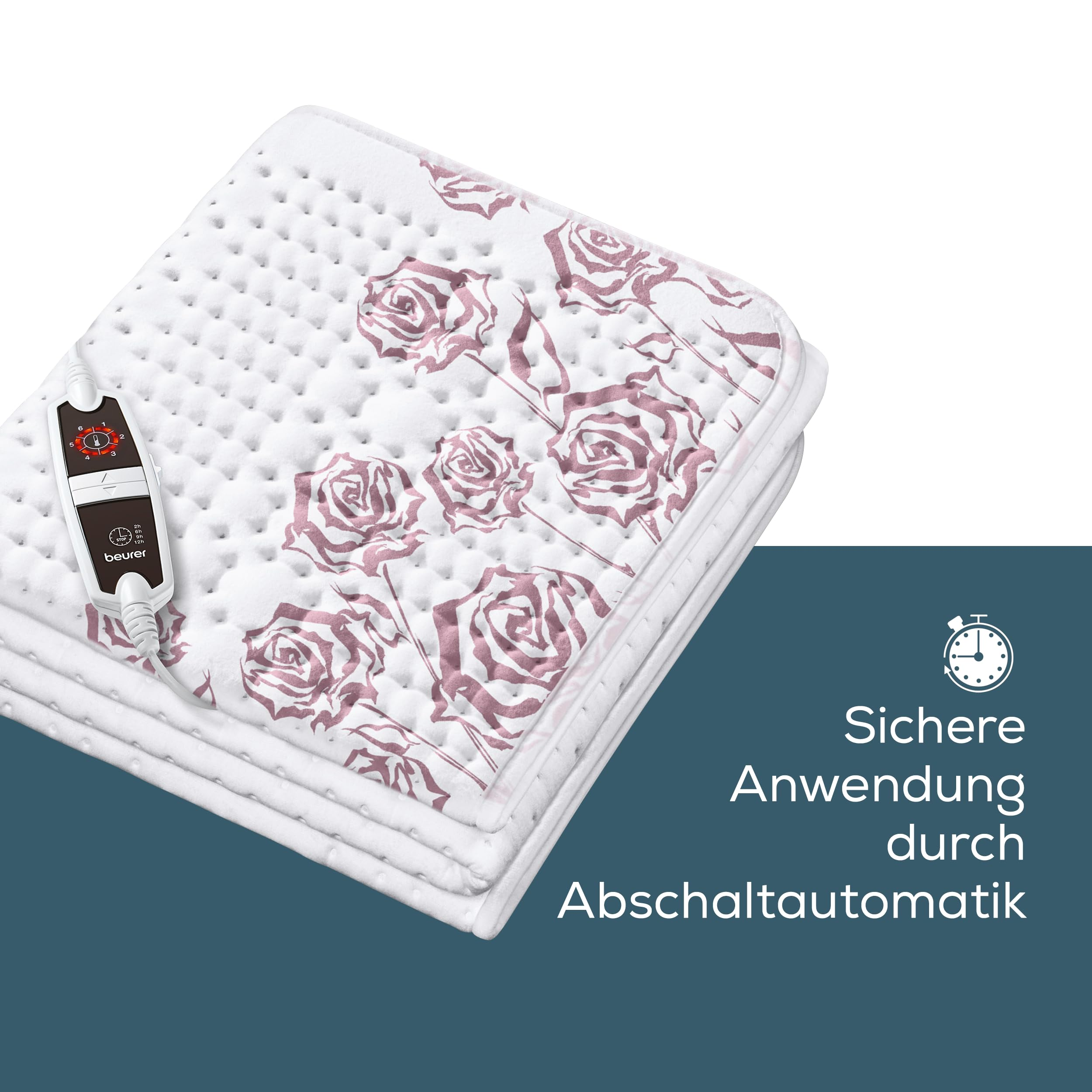 Coperta elettrica bianca piegata con rose rosa, telecomando a filo e testo in tedesco su sfondo blu.