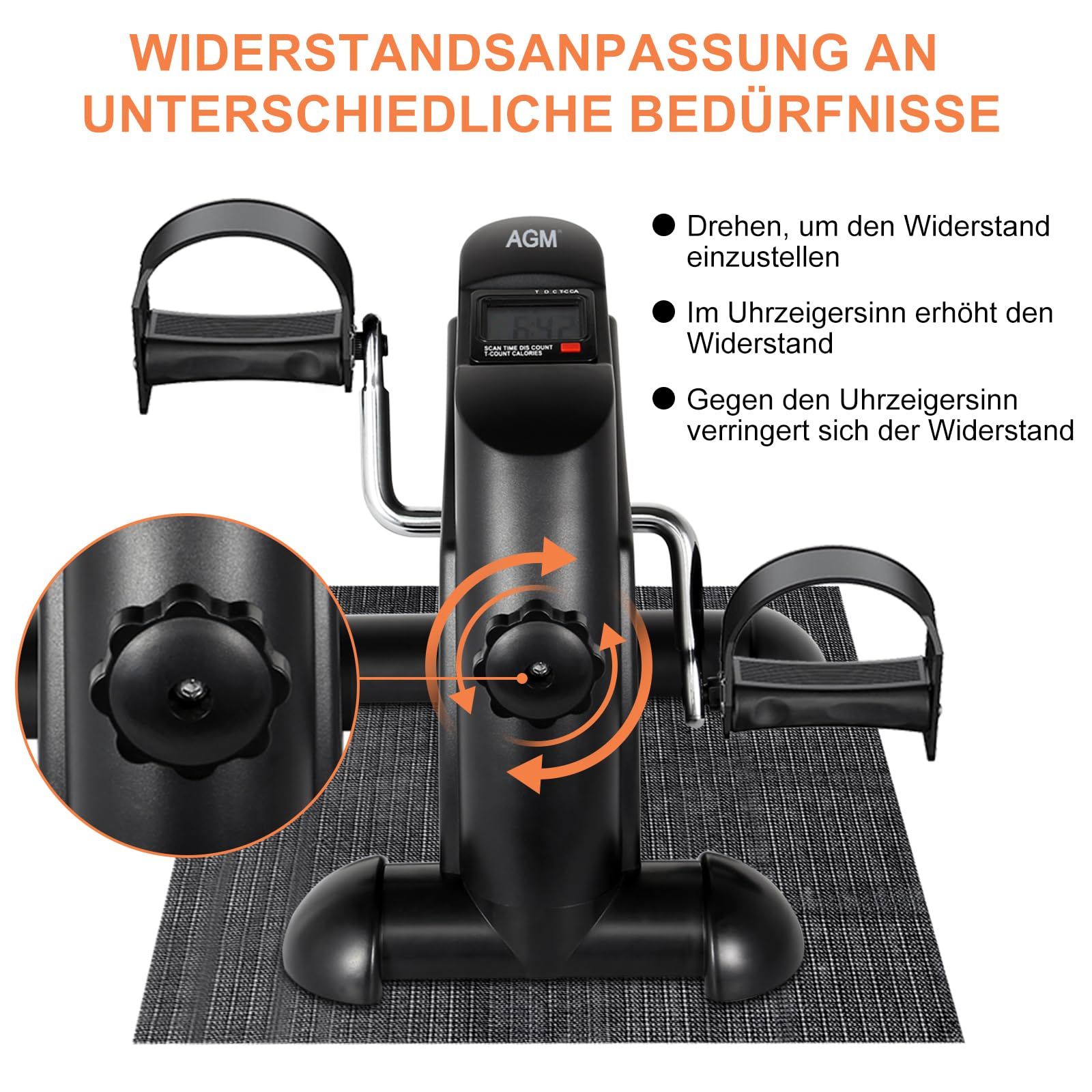 Ein schwarzer Mini-Heimtrainer mit Widerstandsknopf in der Mitte, digitalem Display und deutscher Anleitung.