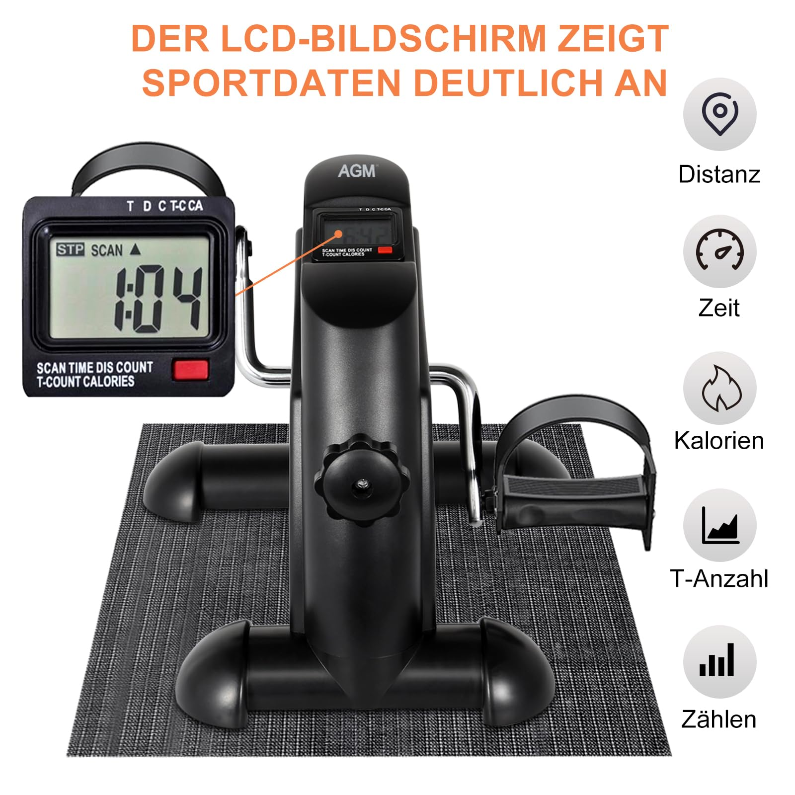 Ein schwarzer Pedaltrainer mit LCD-Monitor auf einer strukturierten Matte zeigt Fitness-Symbole und deutschen Text.