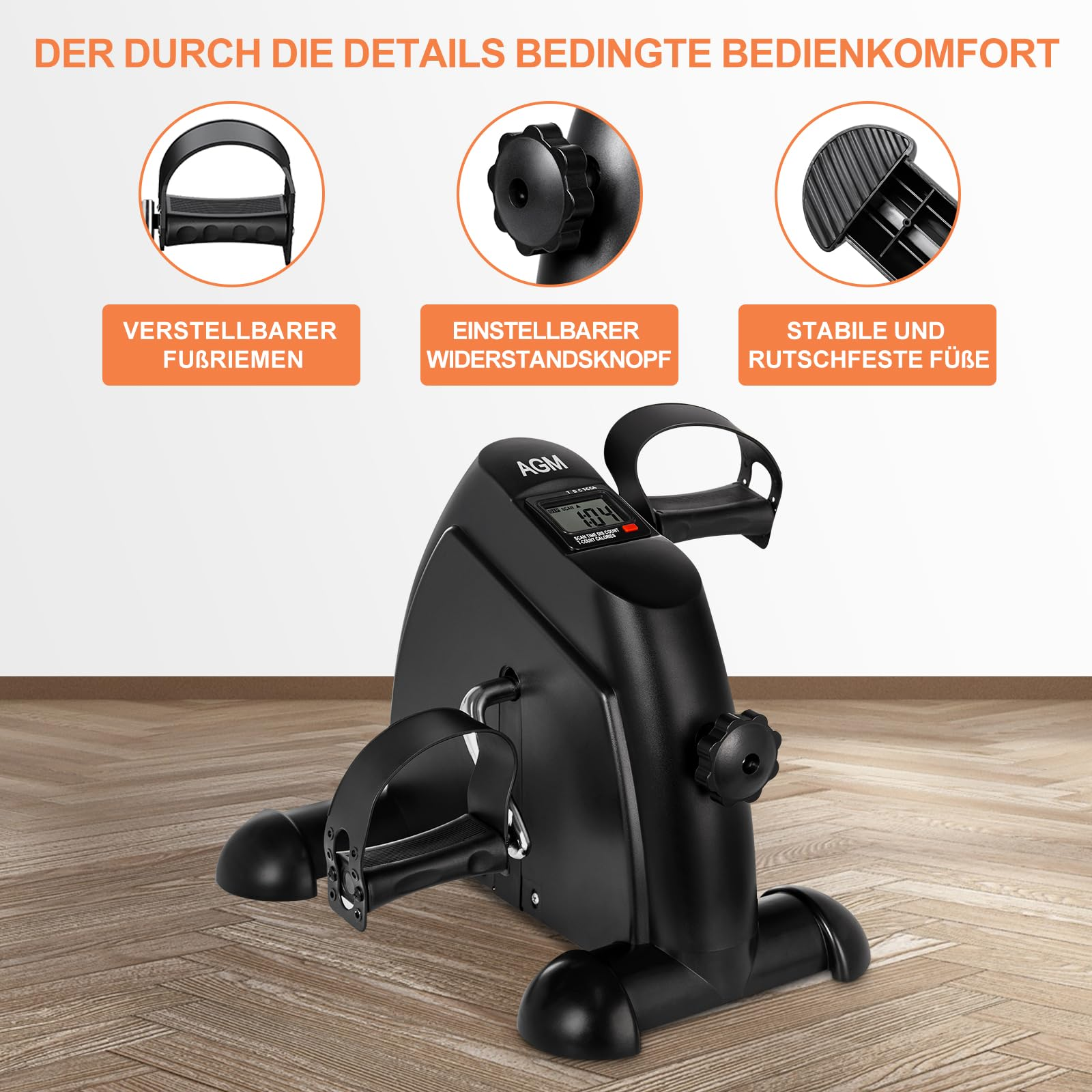Schwarzes Mini-Heimtrainer-Fahrrad mit LCD-Bildschirm, verstellbaren Riemen, Widerstandsknopf und rutschfesten Füßen.