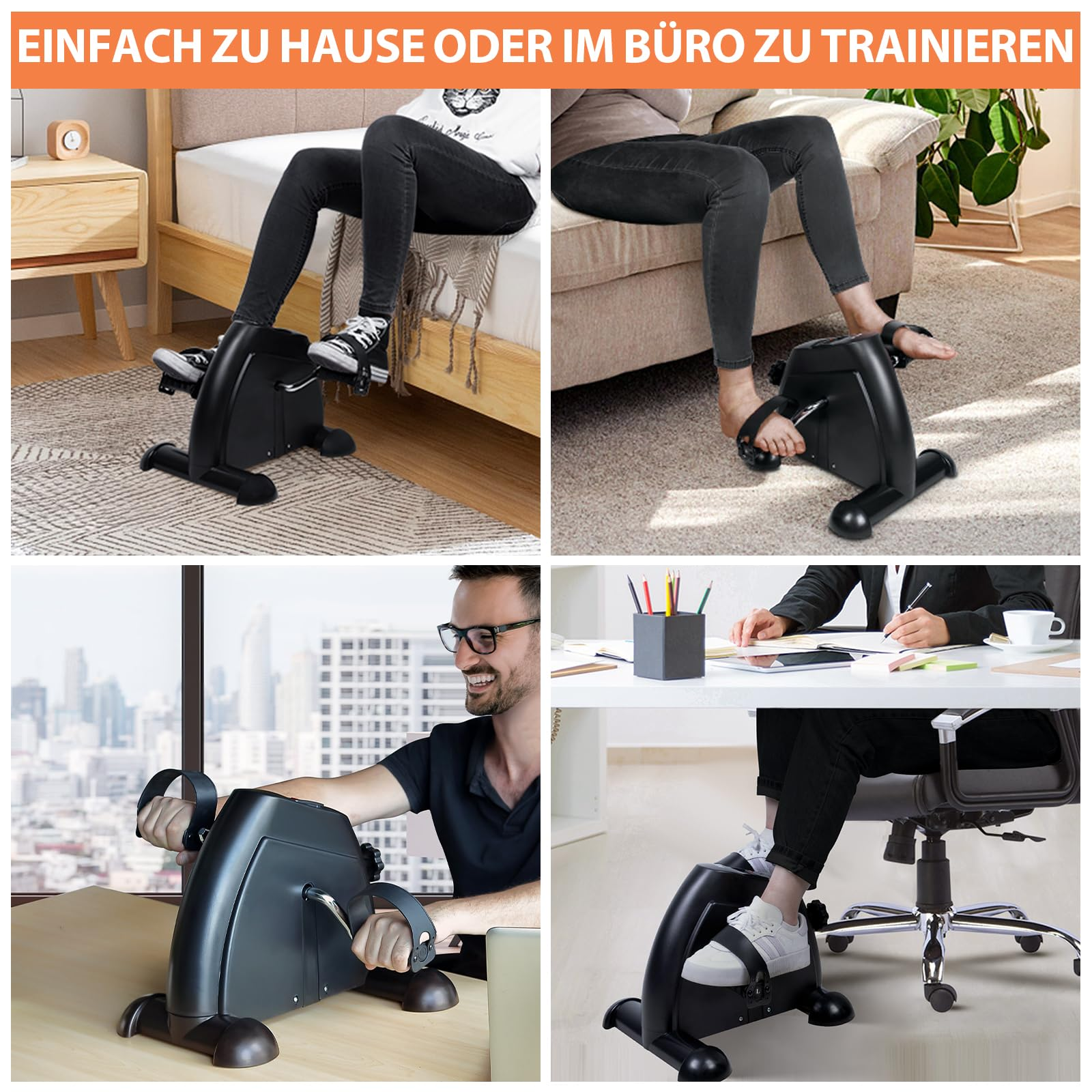 Vier Bilder zeigen eine Person, die einen kompakten Heimtrainer zu Hause oder im Büro nutzt.