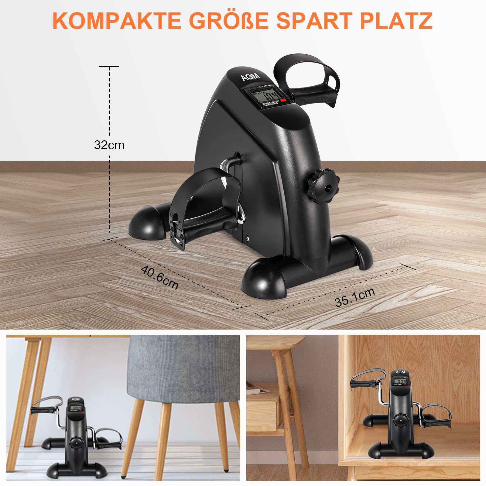 Schwarzes Mini-Heimfahrrad mit Maßen von 32cm, 40,6cm und 35,1cm, gezeigt in verschiedenen Wohnräumen.
