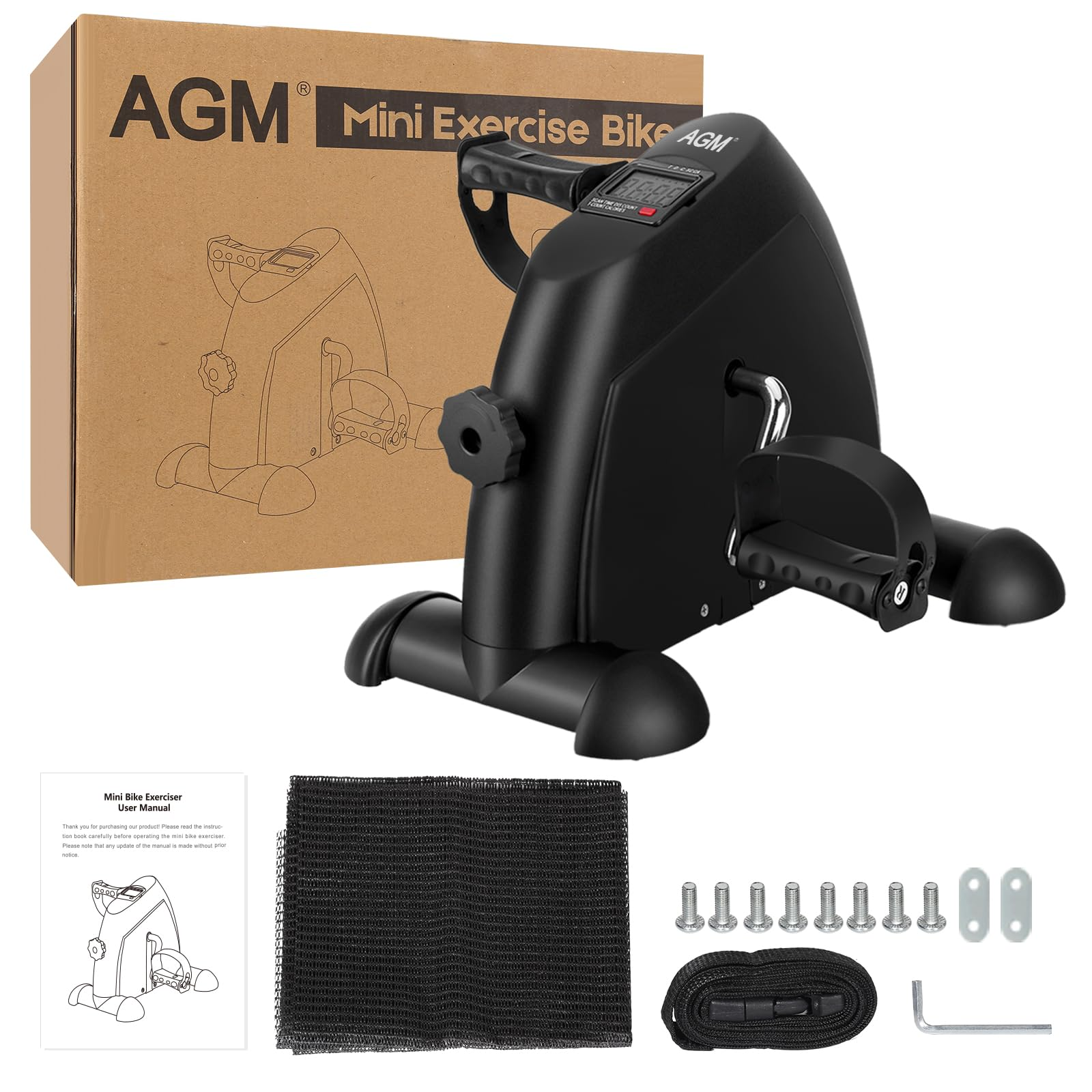 Ein schwarzes AGM Mini-Heimtrainer, Karton, Handbuch, Matte, Schrauben, Gurt und Schlüssel.
