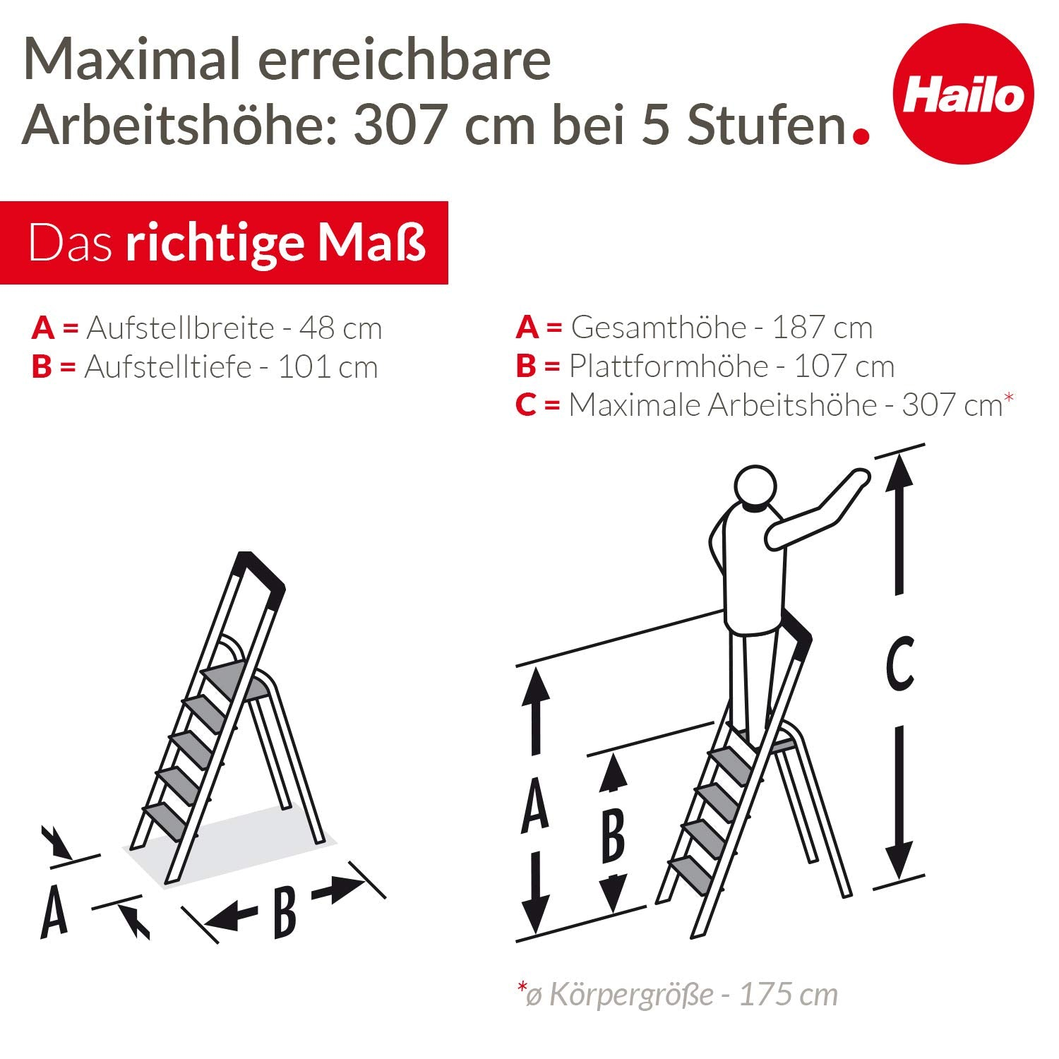 Technische Zeichnung einer Hailo-Leiter mit Maßen und einem Menschen.