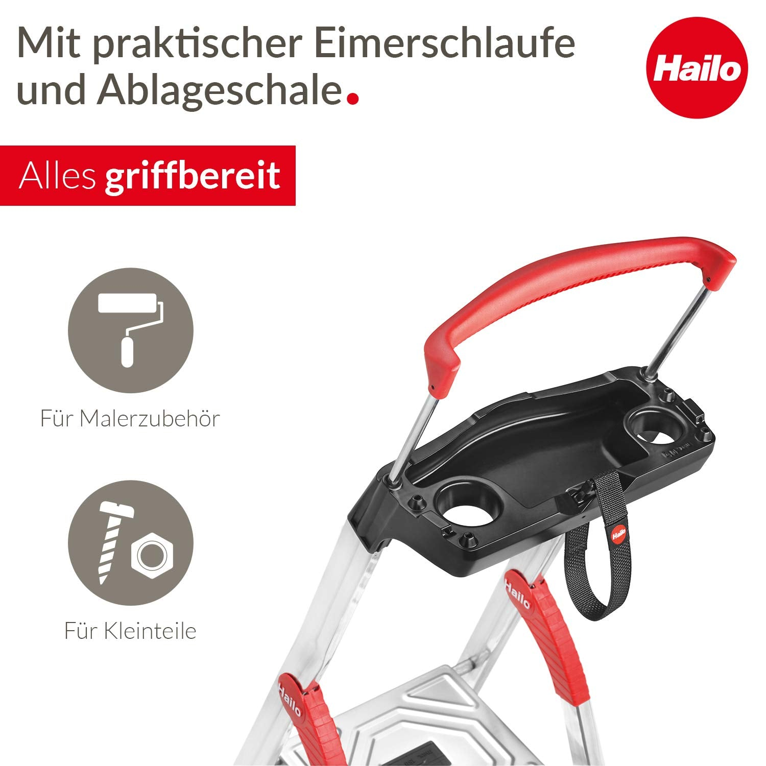 Hailo Stehleiter mit praktischer Ablageschale und Eimerschlaufe für Werkzeug.