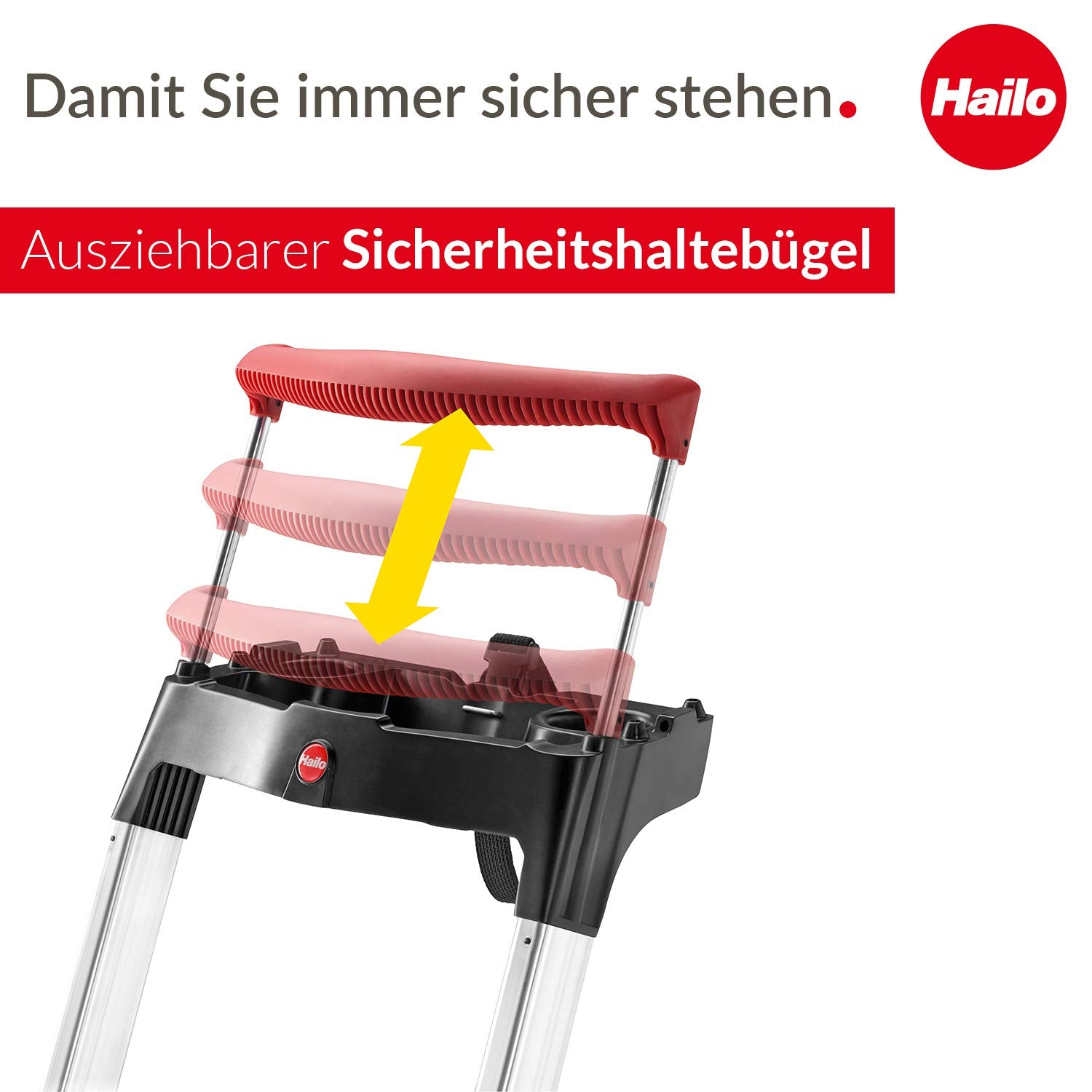 Hailo Sicherheitsbügel mit verstellbarer Höhe und rotem Griff, befestigt an einer Aluleiter.