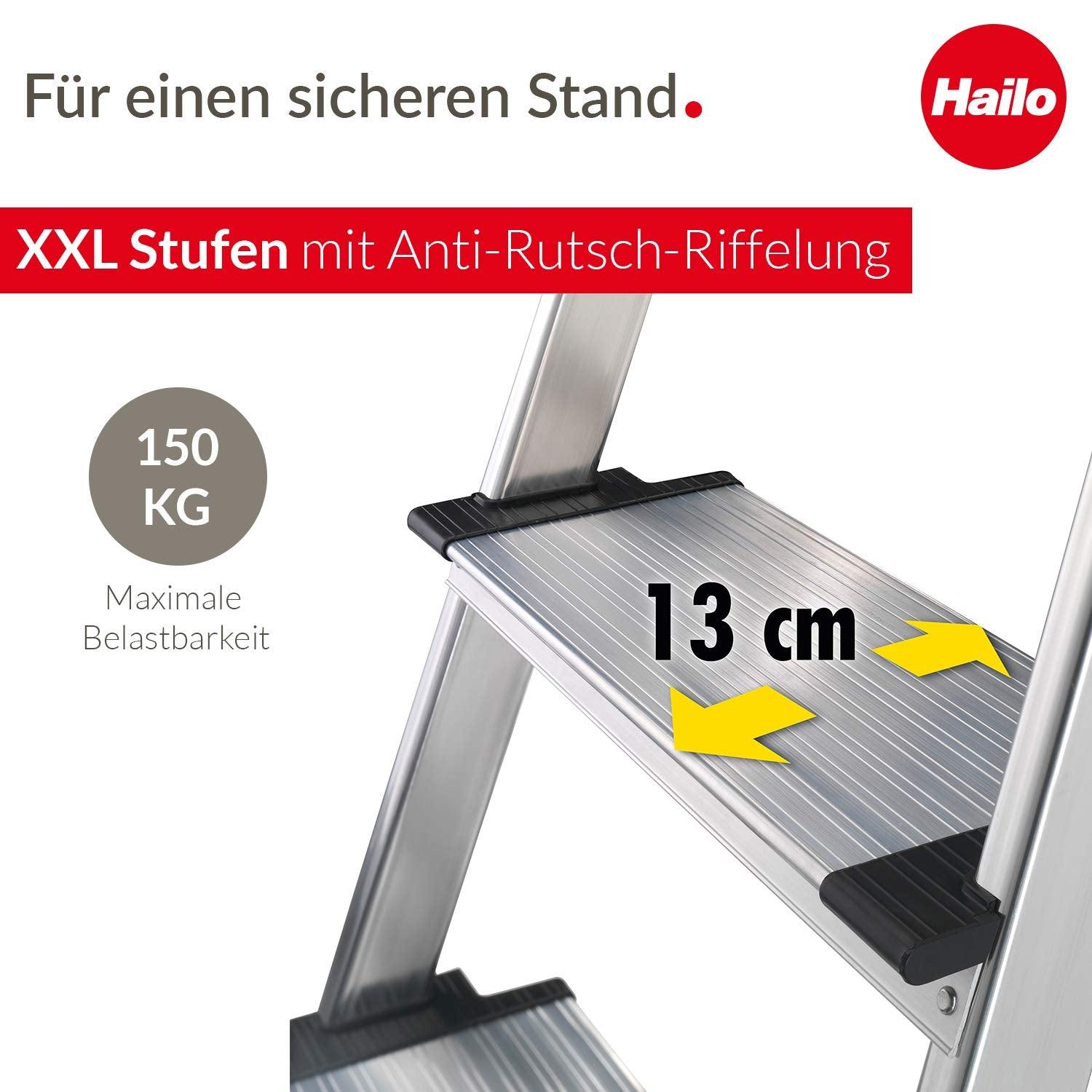 Hailo-Leiter mit XXL-Stufen und anti-Rutsch-Riffelung.