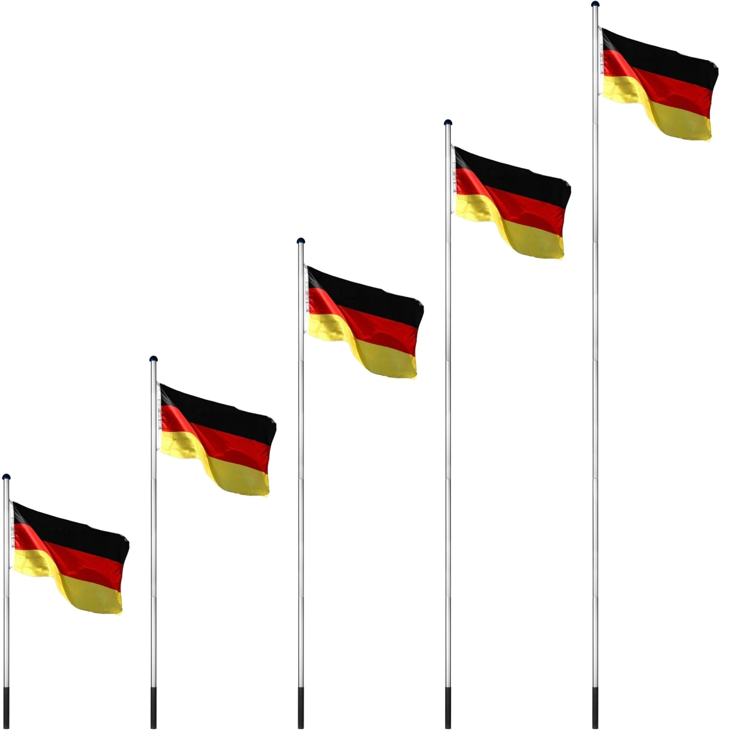 Cinq drapeaux allemands sur des mâts de hauteur croissante sur fond blanc.
