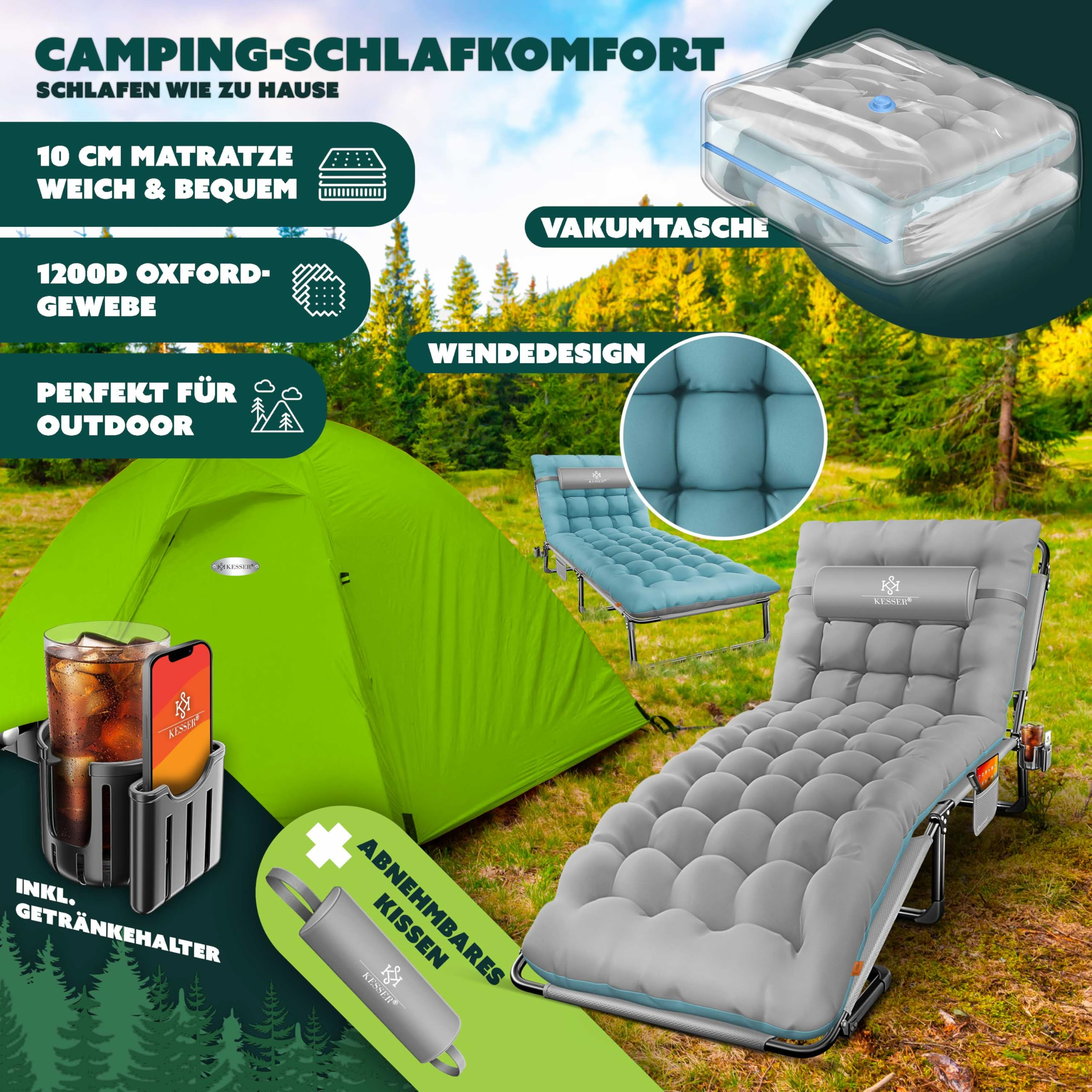 Campingliege mit grauem Kissen vor grünem Zelt und Wald.