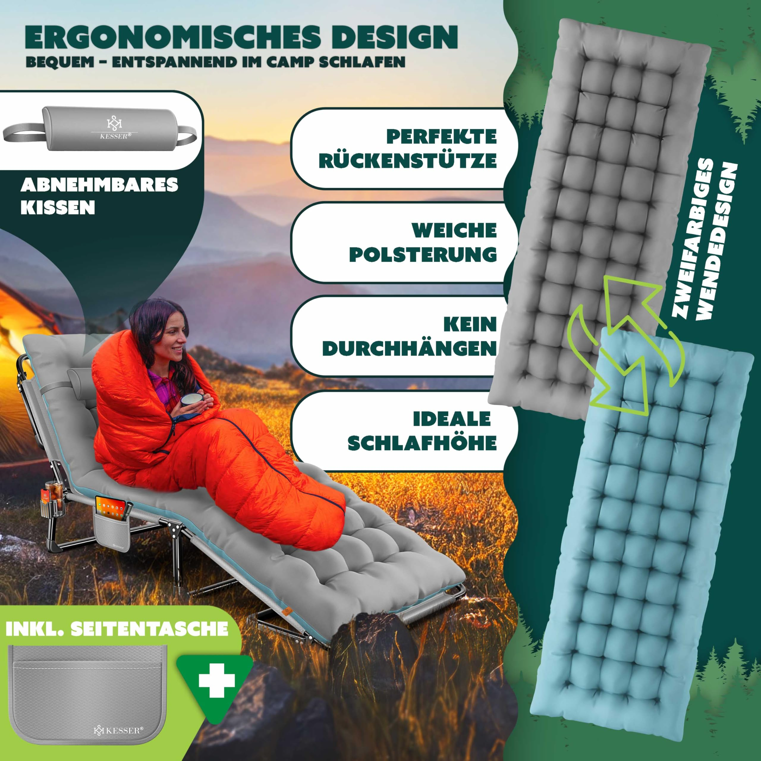 Ein Campingbett mit einer Person in einem Schlafsack und Produktmerkmalen.