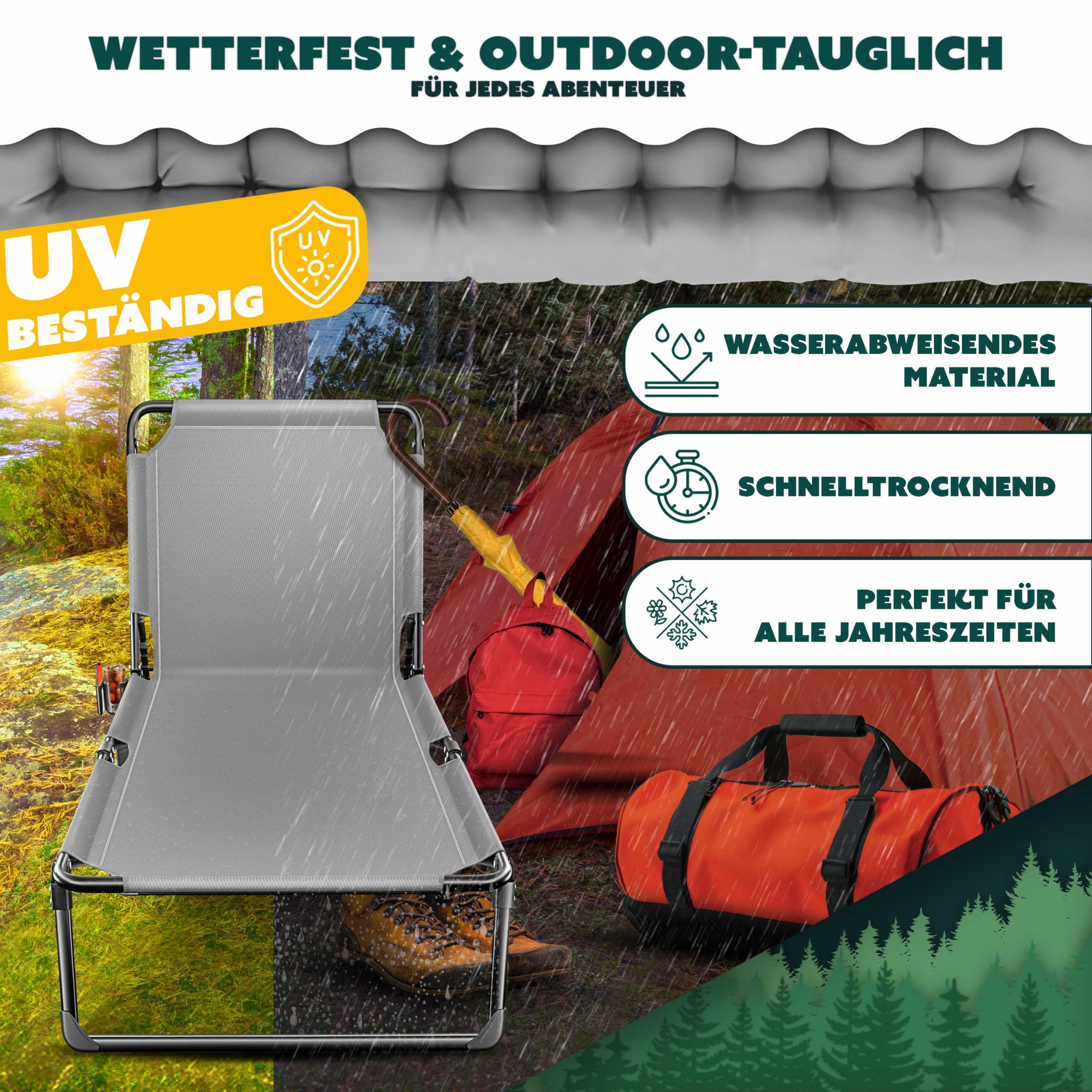 Wetterfester grauer Campingstuhl mit Zelt, Rucksack und Tasche im Regen. Symbole zeigen wasserabweisende Eigenschaften.