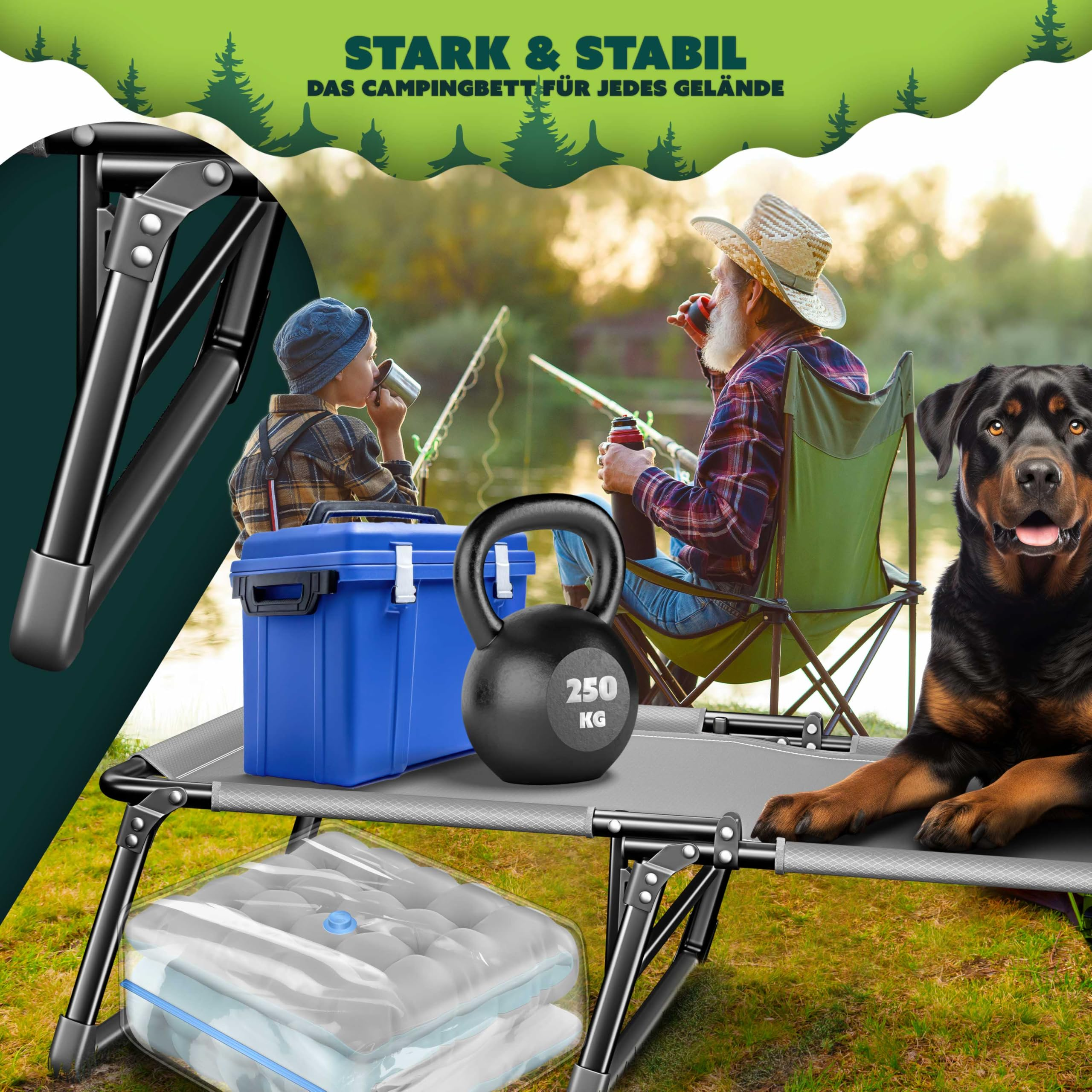 Stabiles Campingbett mit Hocker, Anglern im Hintergrund und einem Hund im Vordergrund.