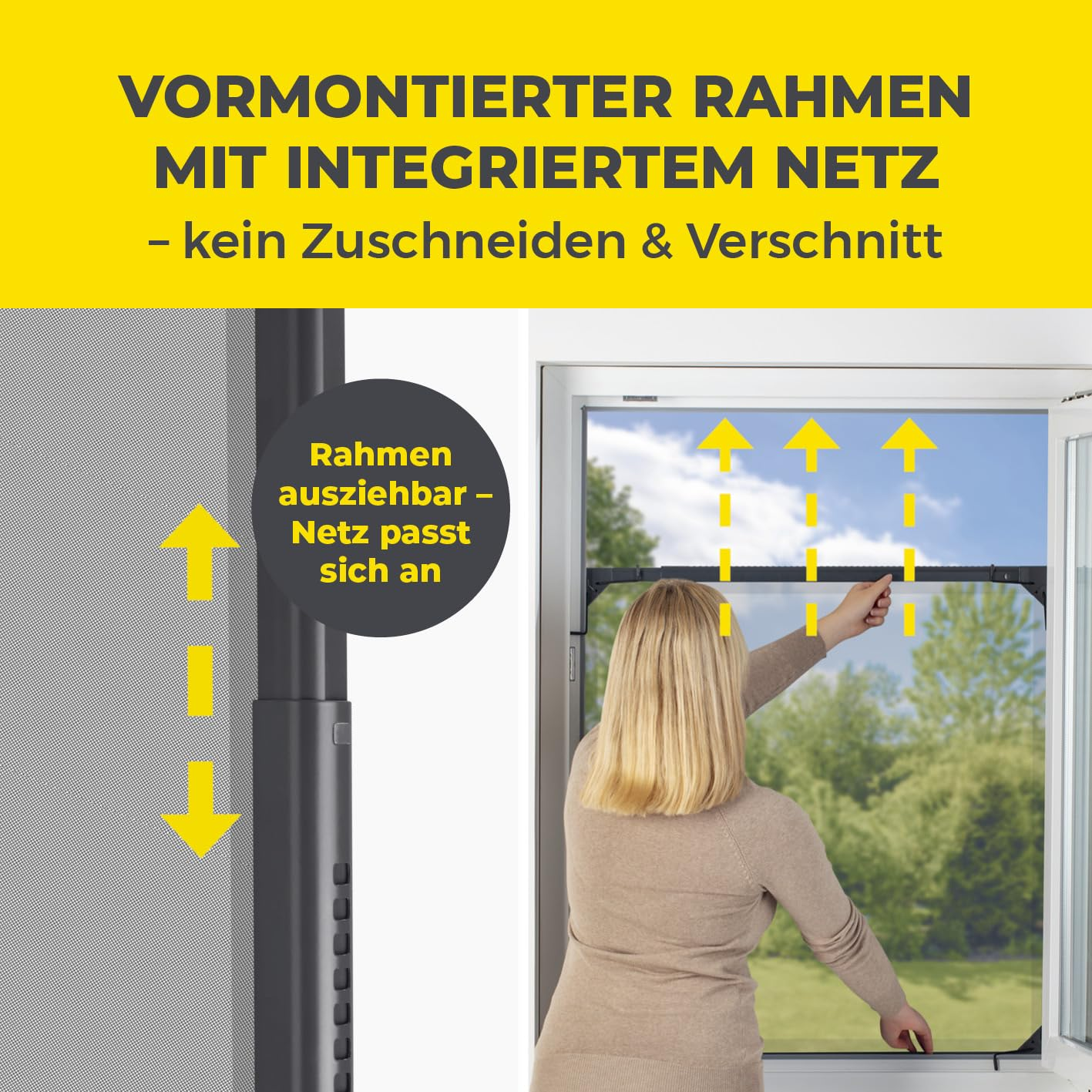 Eine Frau installiert einen ausziehbaren Fliegengitterrahmen im Fenster, Text erklärt die einfache Handhabung.