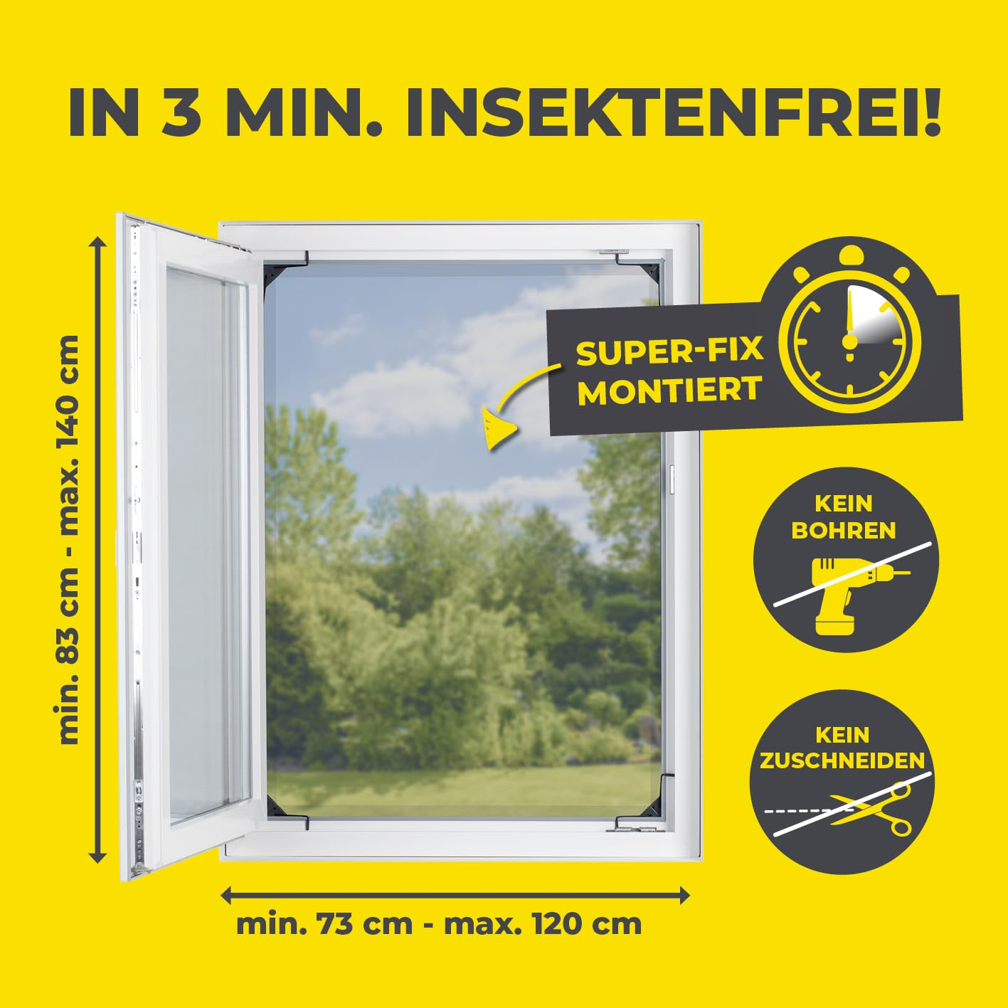 Gelbes Werbebild für Insektenschutzgitter am Fenster mit Maßangaben und Symbolen für schnellen, bohr- und schnittfreien Einbau.