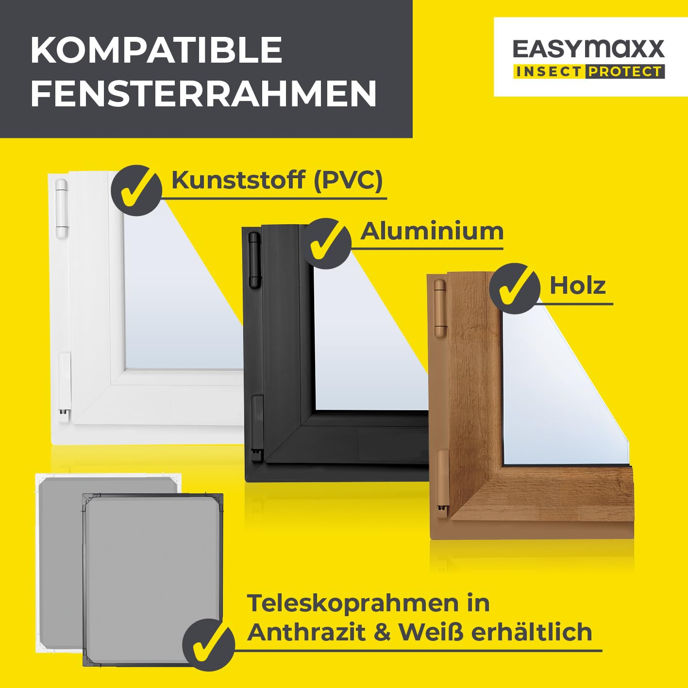 Anzeige für kompatible Fensterrahmen aus Kunststoff, Aluminium und Holz in Anthrazit und Weiß.
