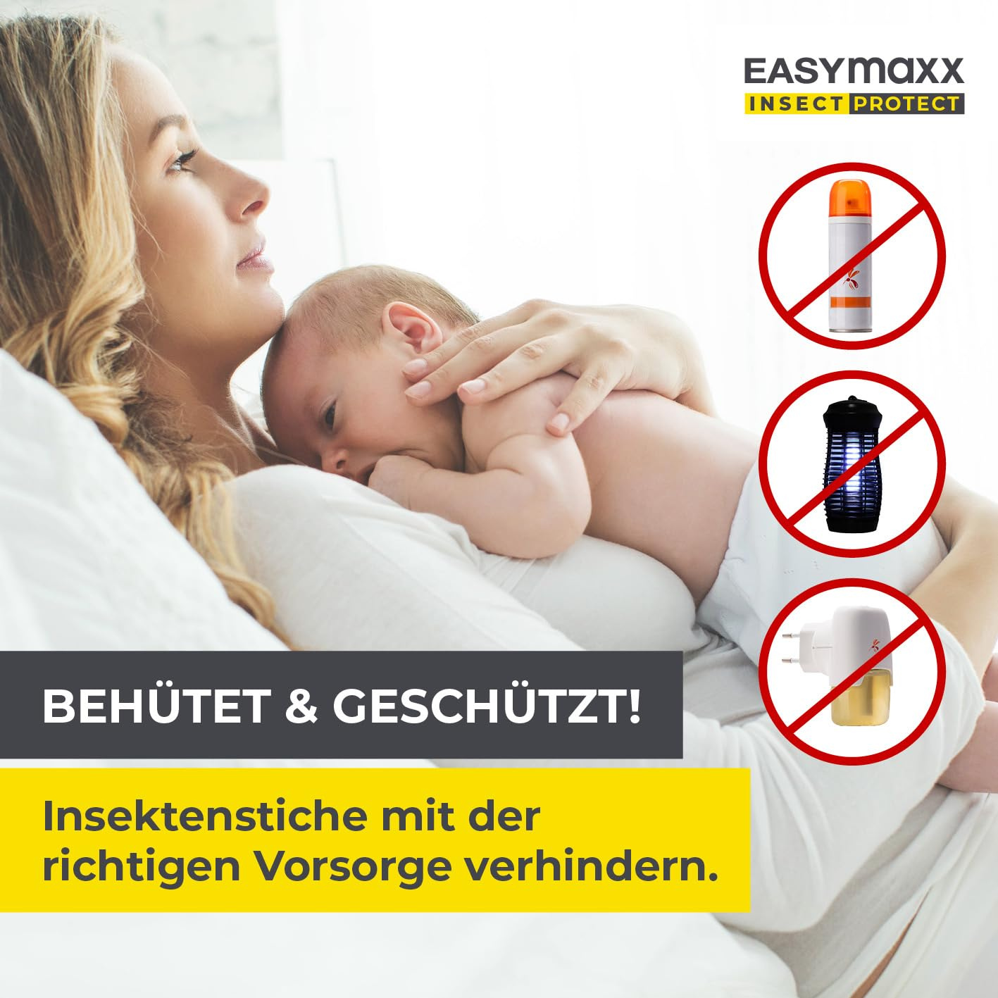 Eine Mutter hält ihr Baby im Bett, rechts mit roten Verbotssymbolen für Insektensprays und elektrische Vernichter.