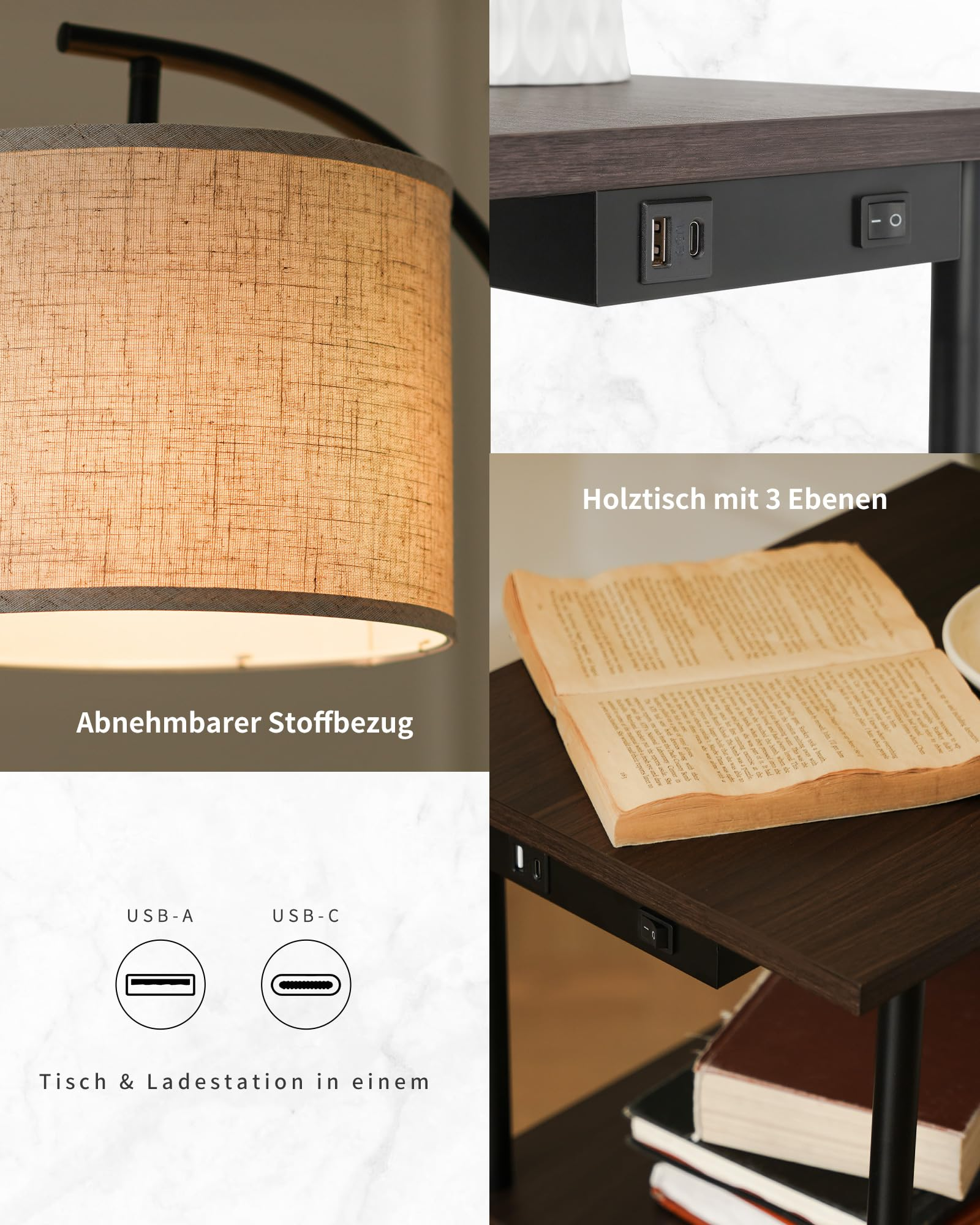 Un collage che mostra una lampada in tessuto, un tavolo in legno con porte USB e interruttore e un libro aperto.
