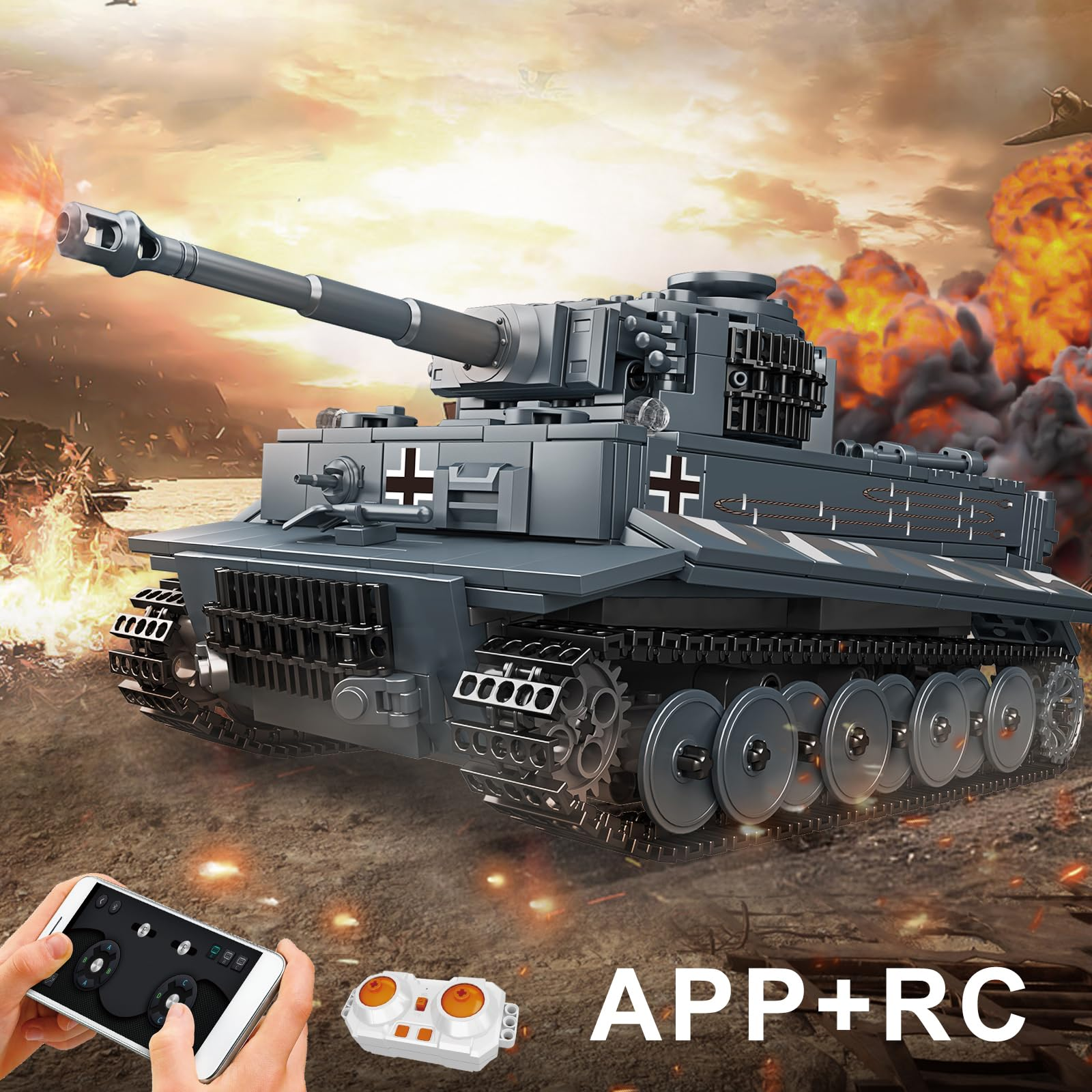 Ein grauer Spielzeug-Panzer vor einer Explosion, ferngesteuert über App.