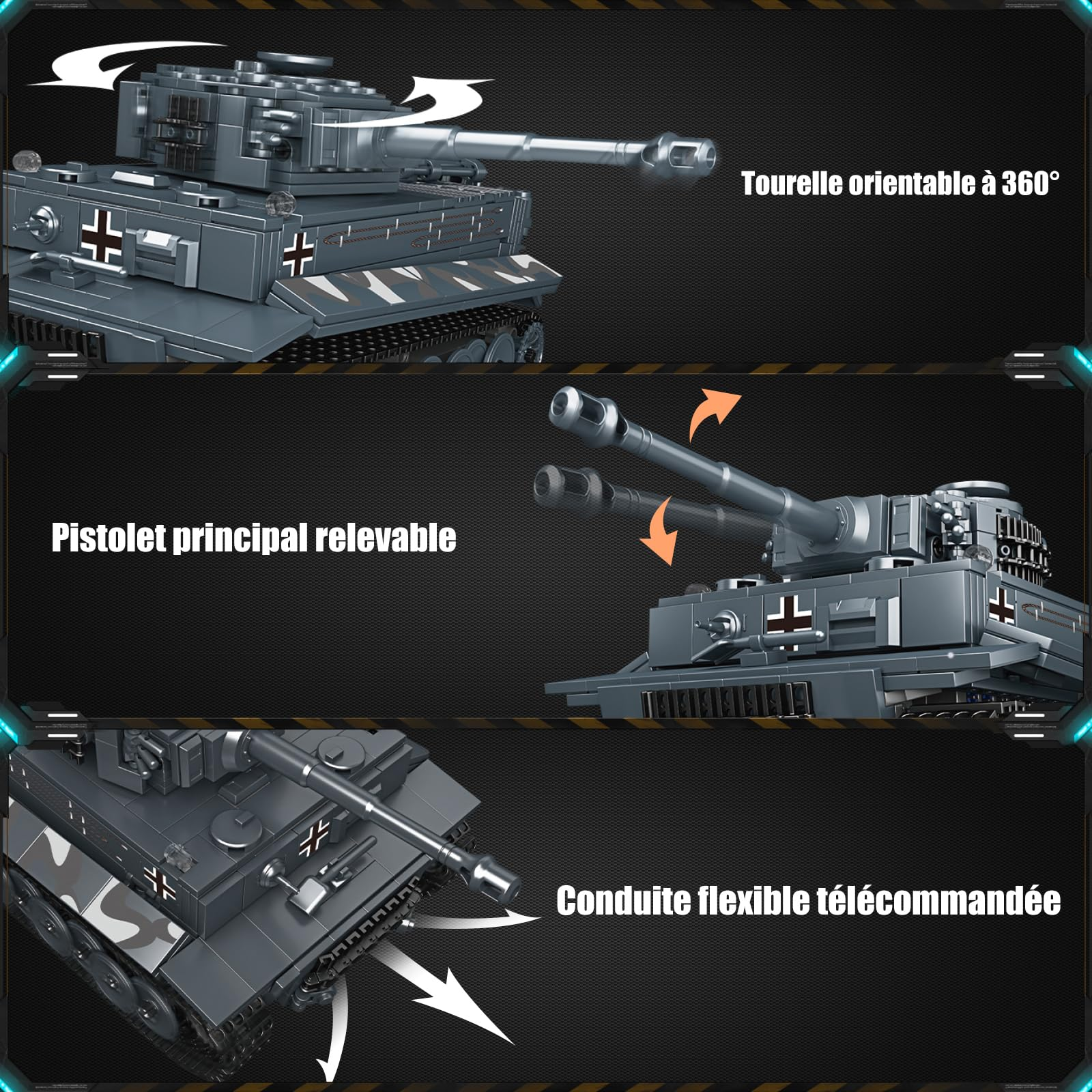 Ein grauer Spielzeugpanzer mit drehbarem Turm und beweglichem Kanonenrohr.