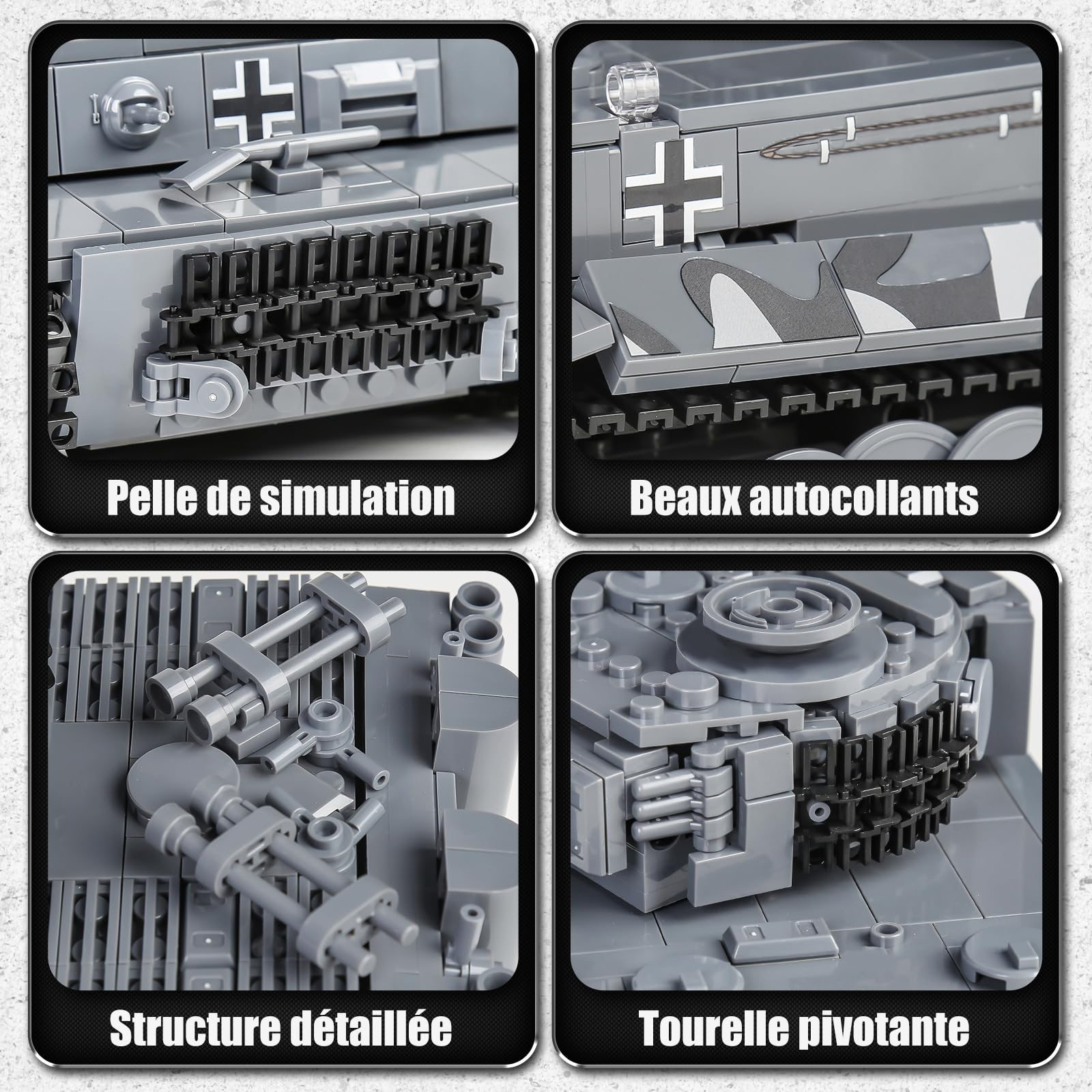 Vier Detailansichten eines grauen LEGO-Spielzeugpanzers mit Aufklebern, Ketten und Geschütz.