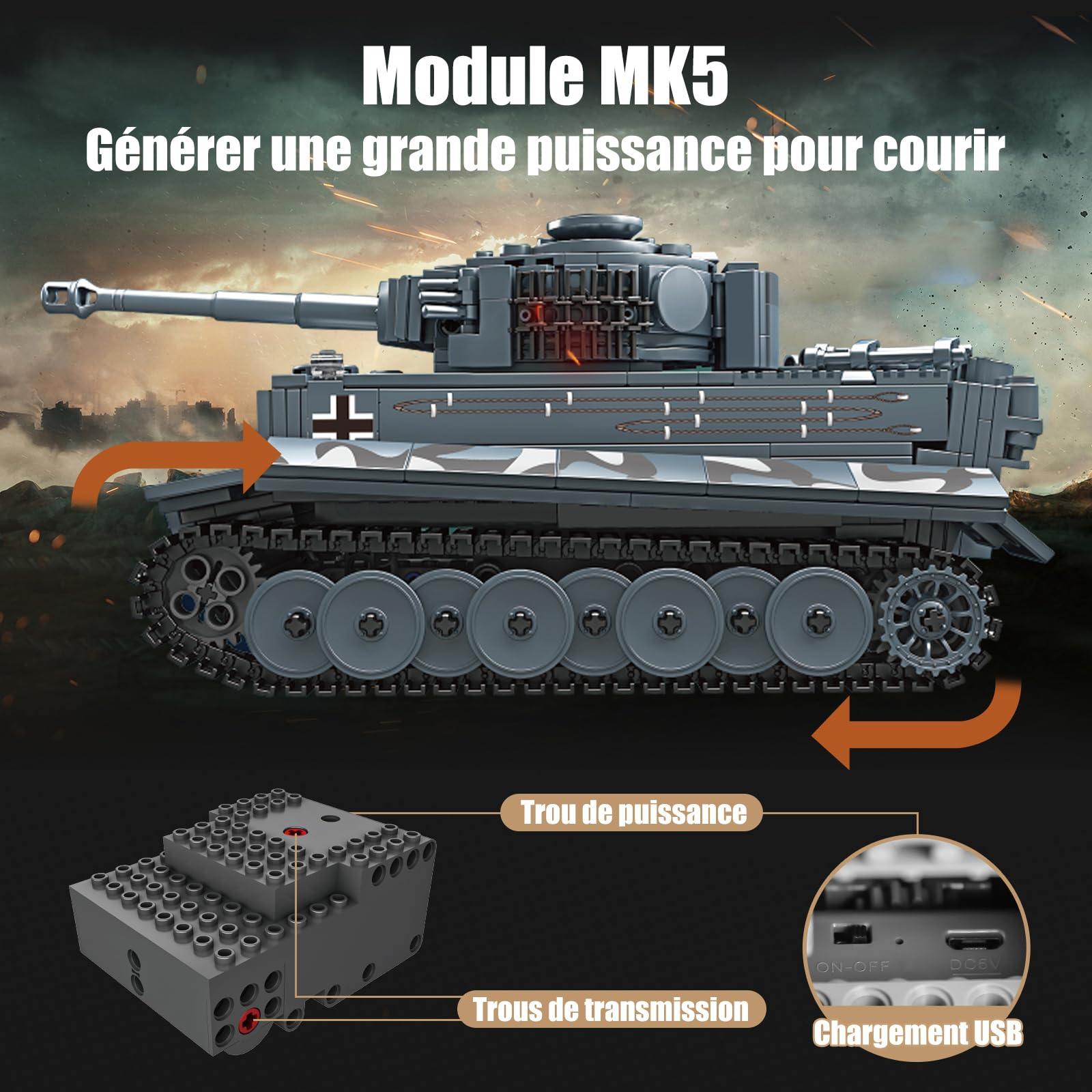 Ein grauer Spielzeugpanzer aus Bausteinen mit einem grauen Akku-Modul und USB-Anschluss.