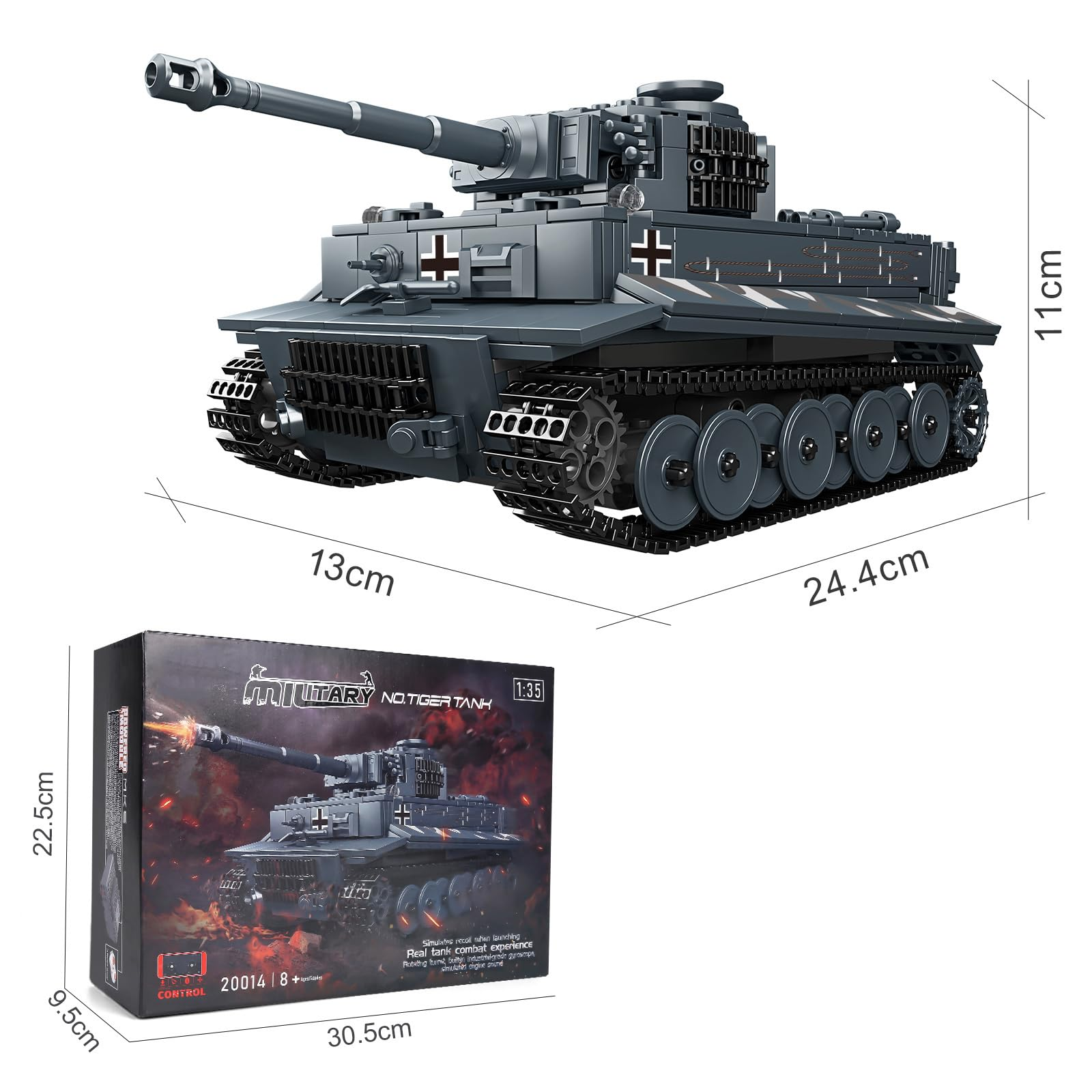 Ein graues Spielzeug-Panzermodell mit schwarzen Ketten und Maßen sowie der zugehörige Produktkarton davor.