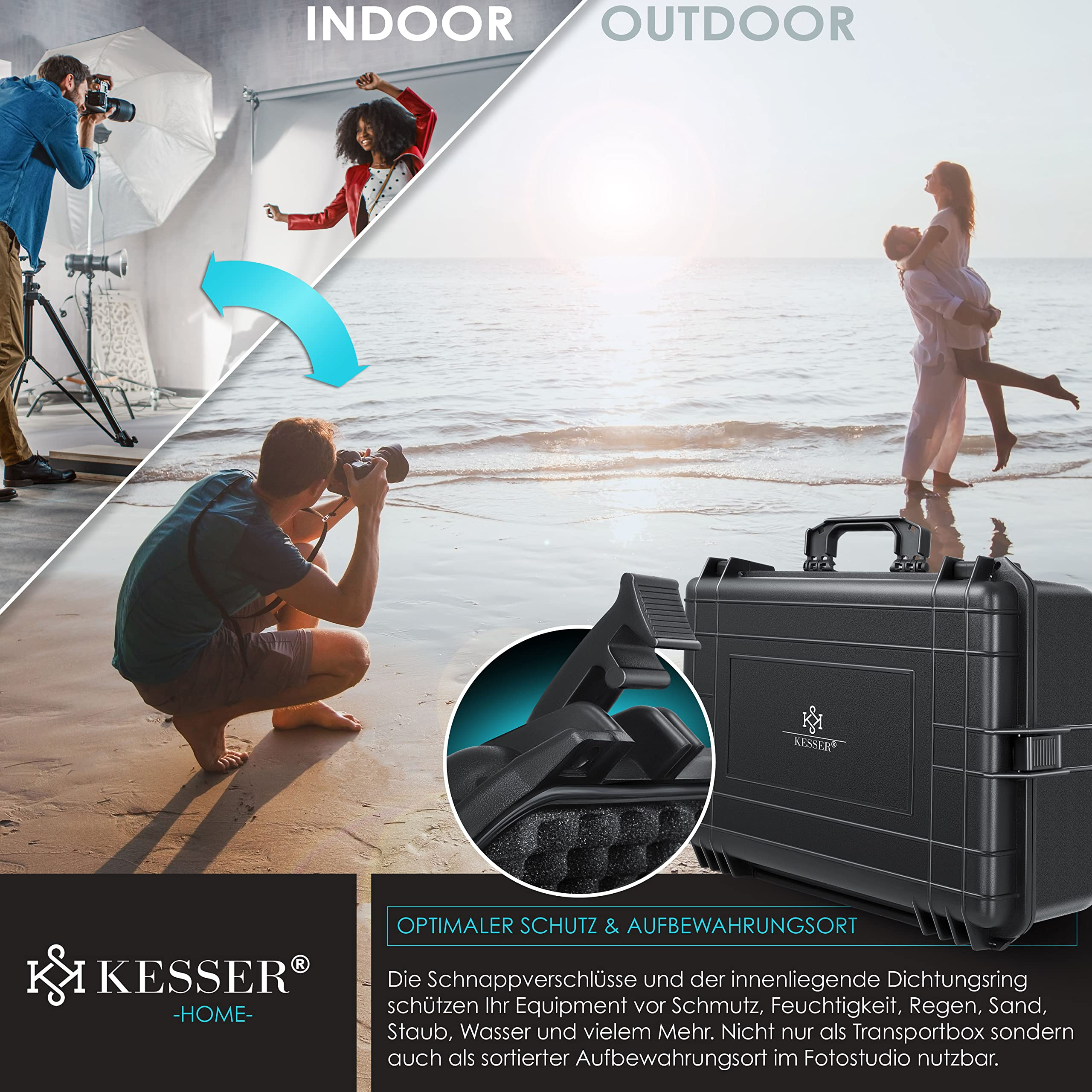 Une mallette de photographie rigide Kesser adaptée à l'intérieur et à l'extérieur, avec des fermetures sécurisées.
