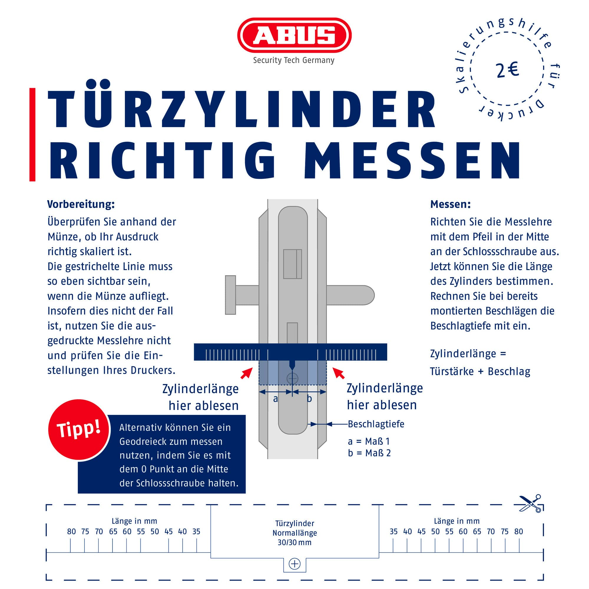 Anleitung von Abus zur richtigen Messung eines Türzylinders mit Texten und einer grafischen Darstellung.