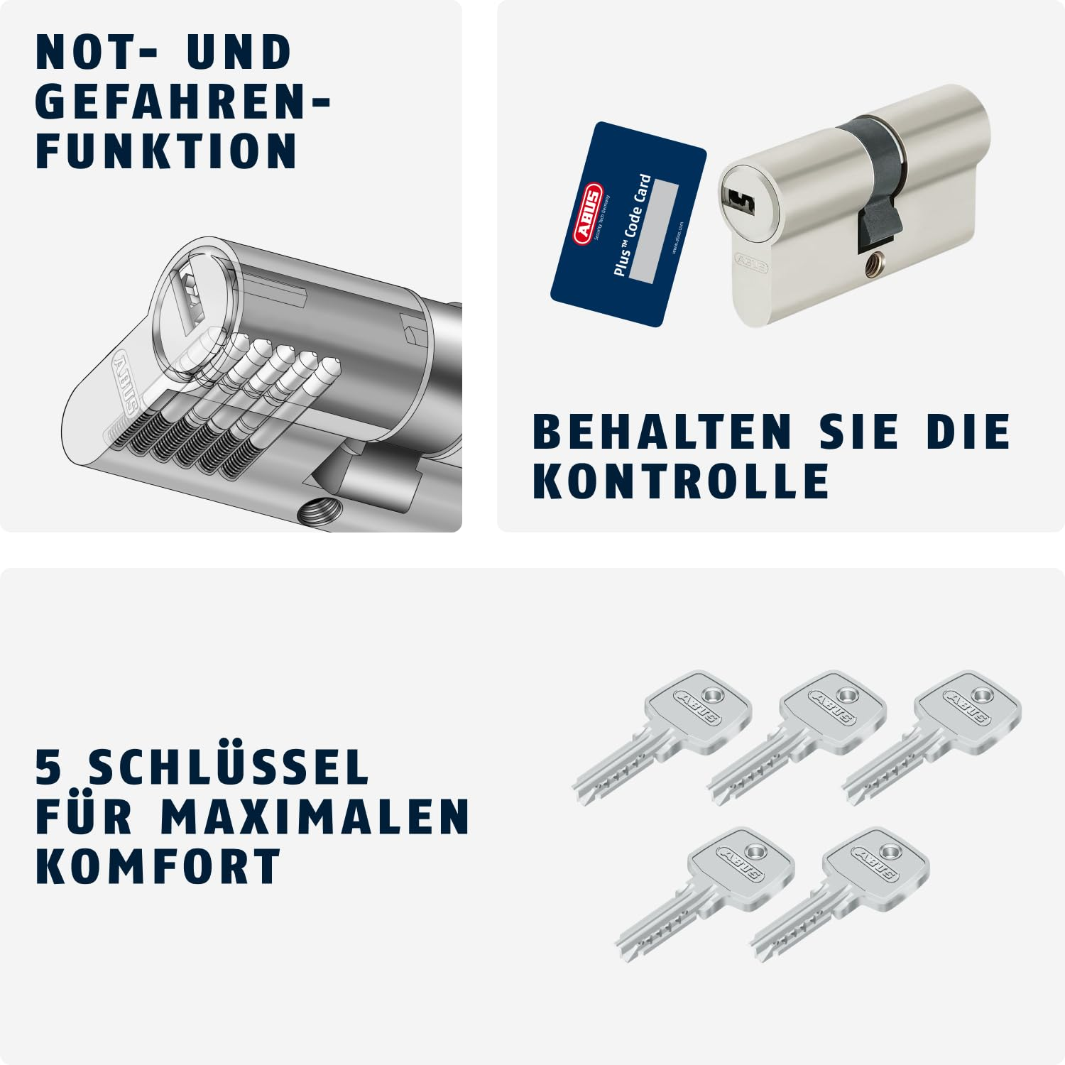 Abus Türzylinder mit Notschlüssel-Funktion, Codekarte und fünf Schlüsseln für maximale Sicherheit und Komfort.