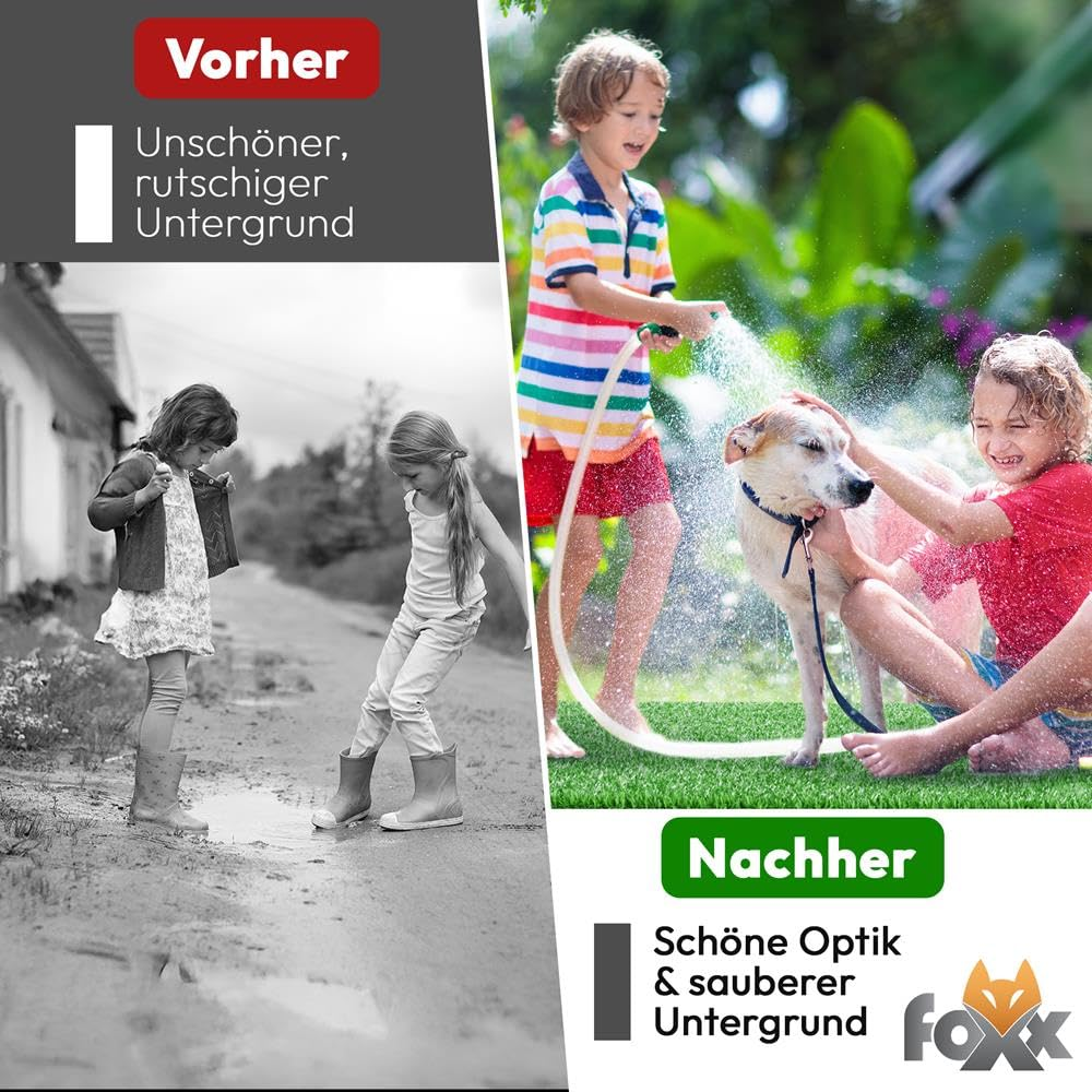 Comparaison avant/après d'enfants et d'un chien jouant, contrastant un chemin boueux avec une pelouse propre.