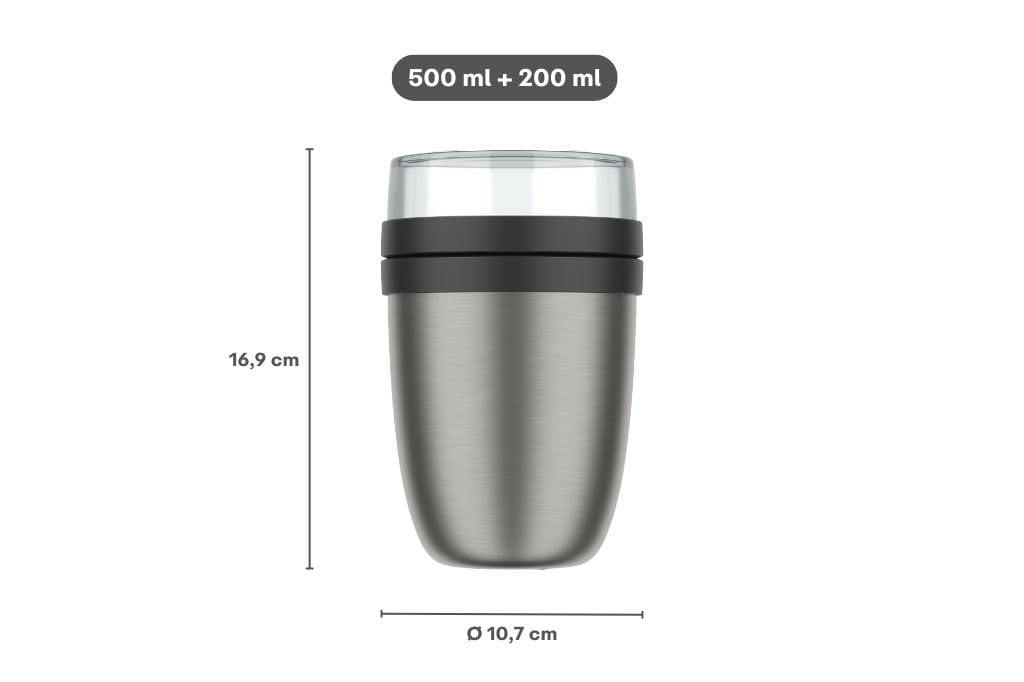 Contenitore isolato in acciaio inossidabile con capacità di 500 ml e 200 ml, altezza 16,9 cm e diametro 10,7 cm.
