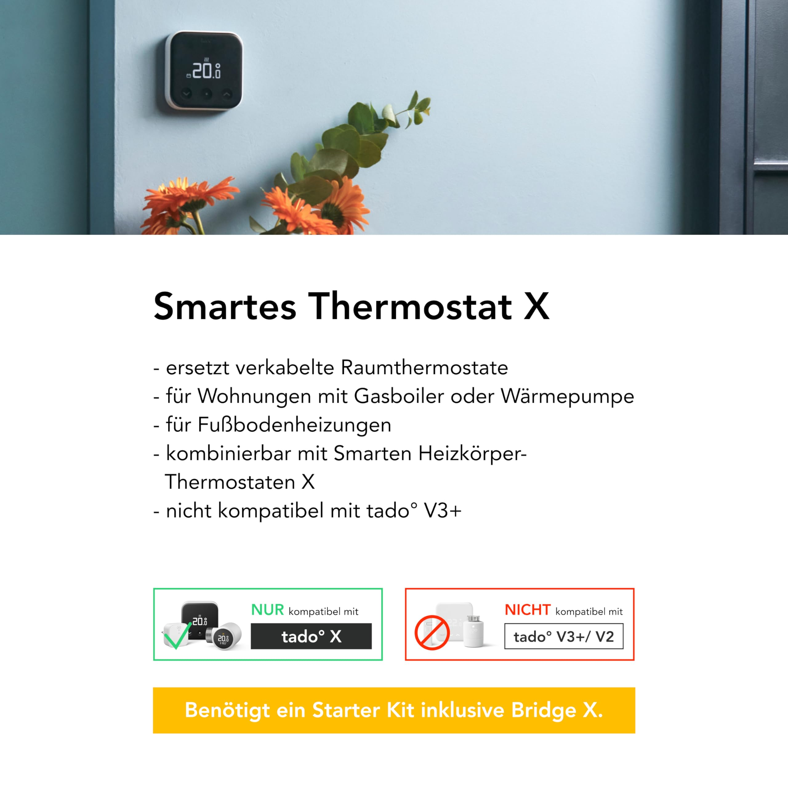 Produktwerbung für das tado° Smartes Thermostat X mit Eigenschaften, Kompatibilitätshinweisen und gelbem Button.