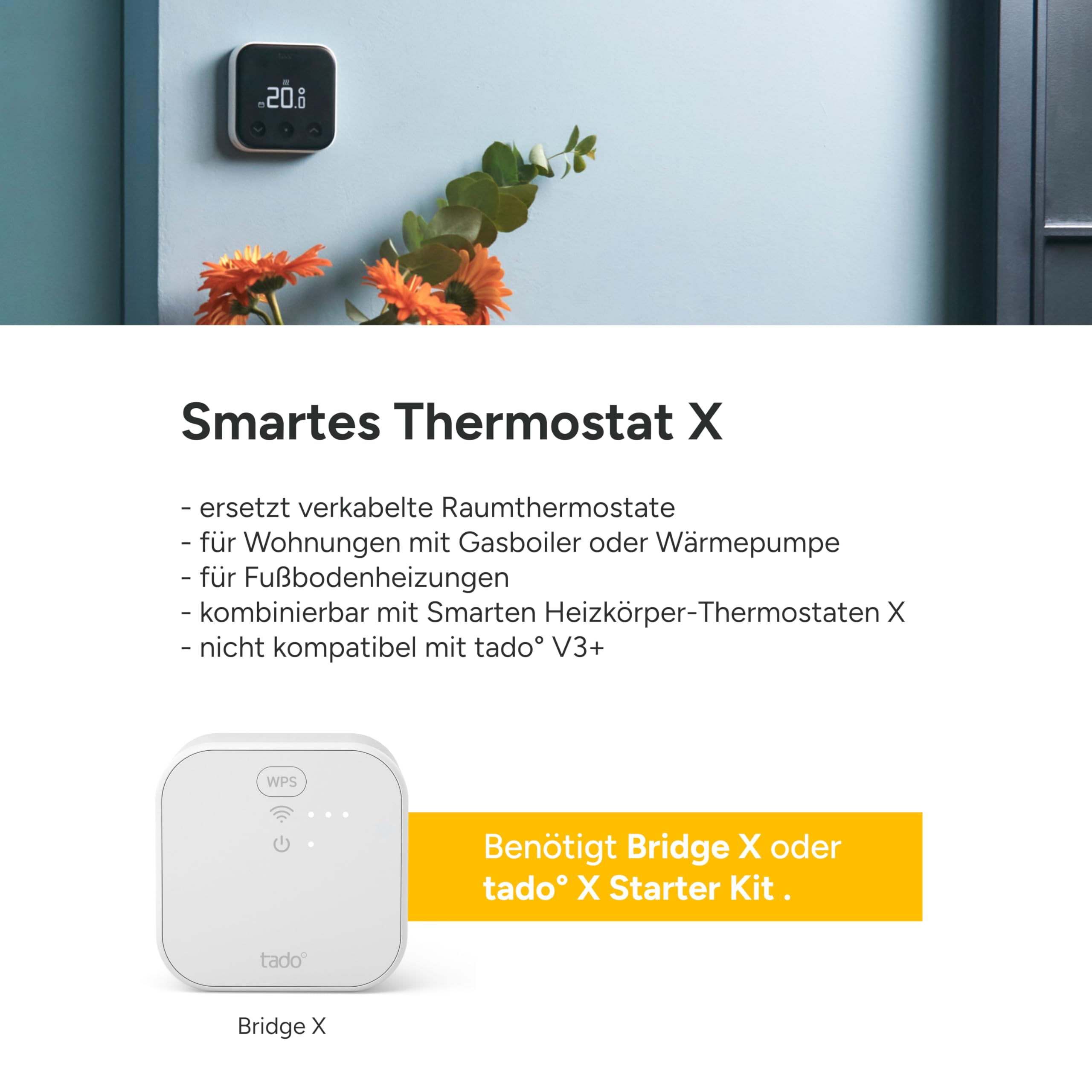 Smartes Thermostat X mit Texten und Bridge X auf hellblauem Hintergrund.