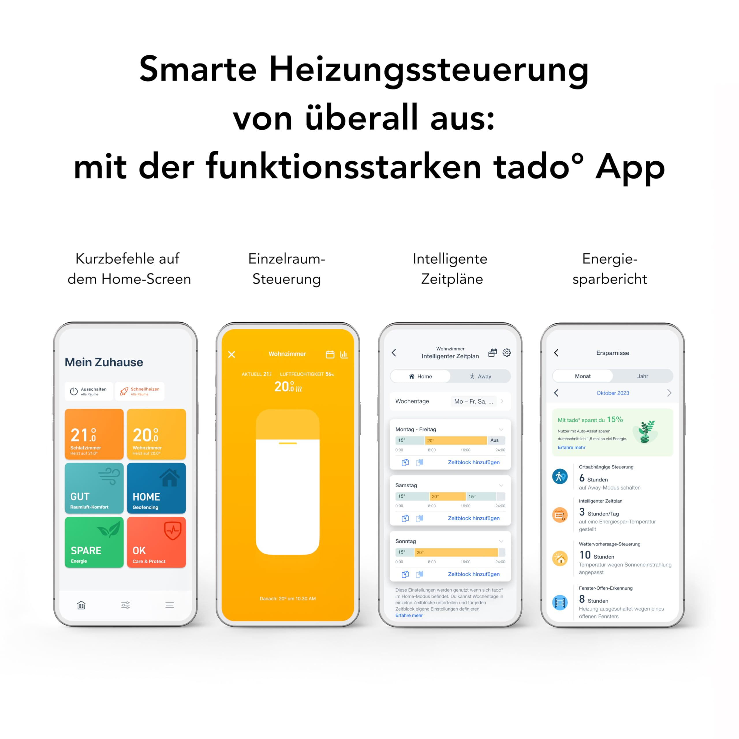 Vier Smartphones zeigen verschiedene Ansichten der tado App zur intelligenten Heizungssteuerung.