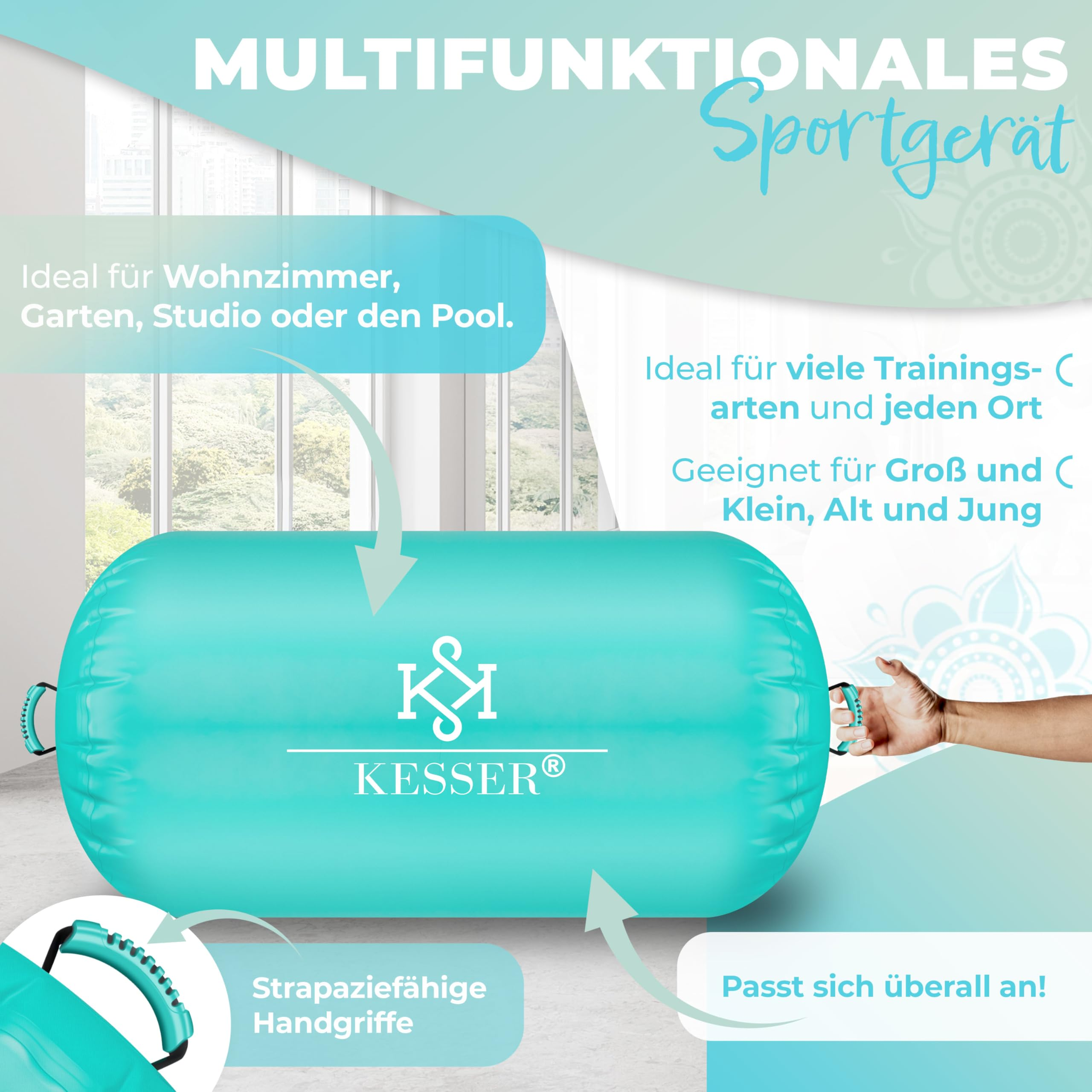 Türkisfarbenes Kesser-Sportgerät mit Handgriffen, ideal für den Innen- und Außenbereich.
