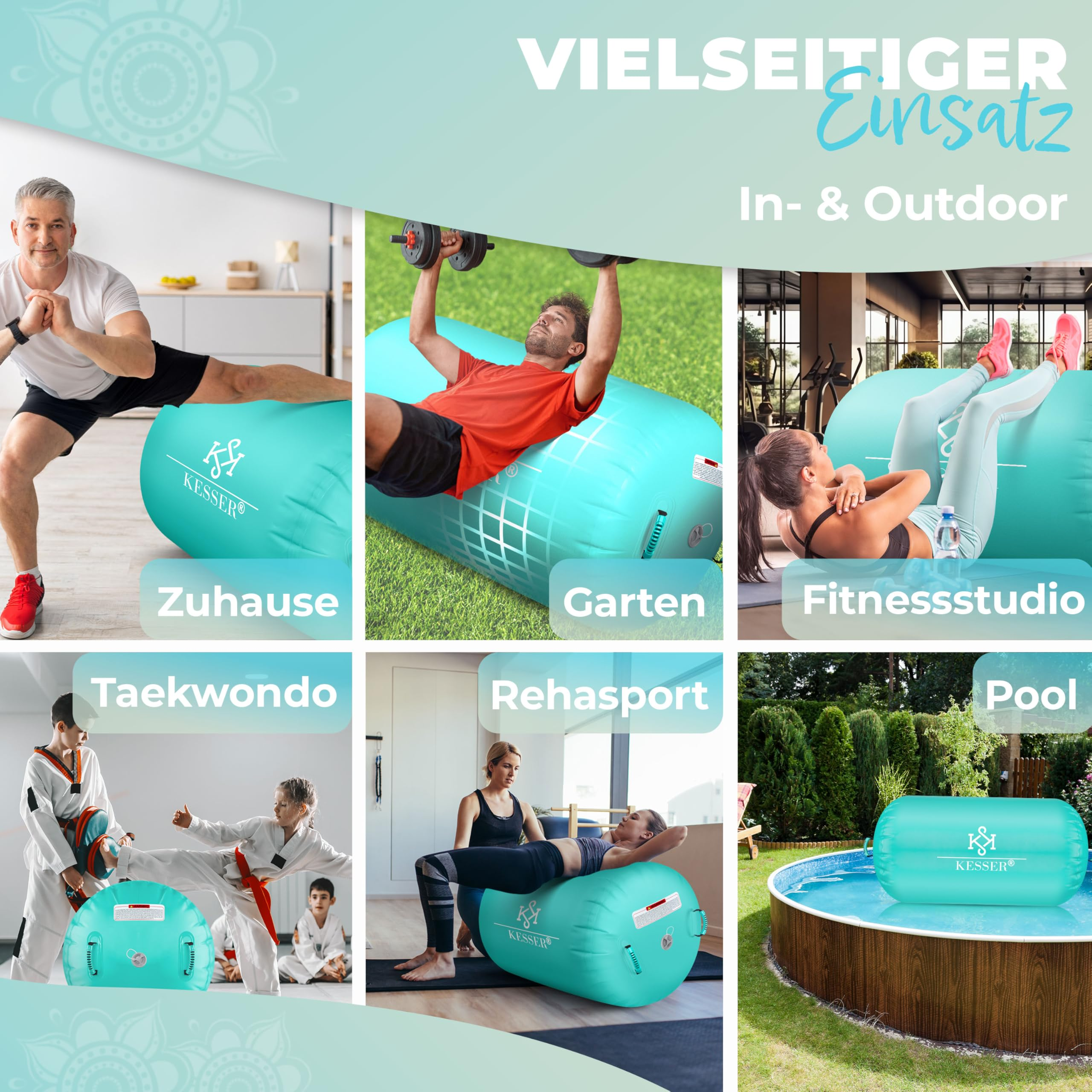 Sechs Bilder zeigen ein mintgrünes Kesser Fitnesskissen bei verschiedenen Aktivitäten drinnen und draußen.