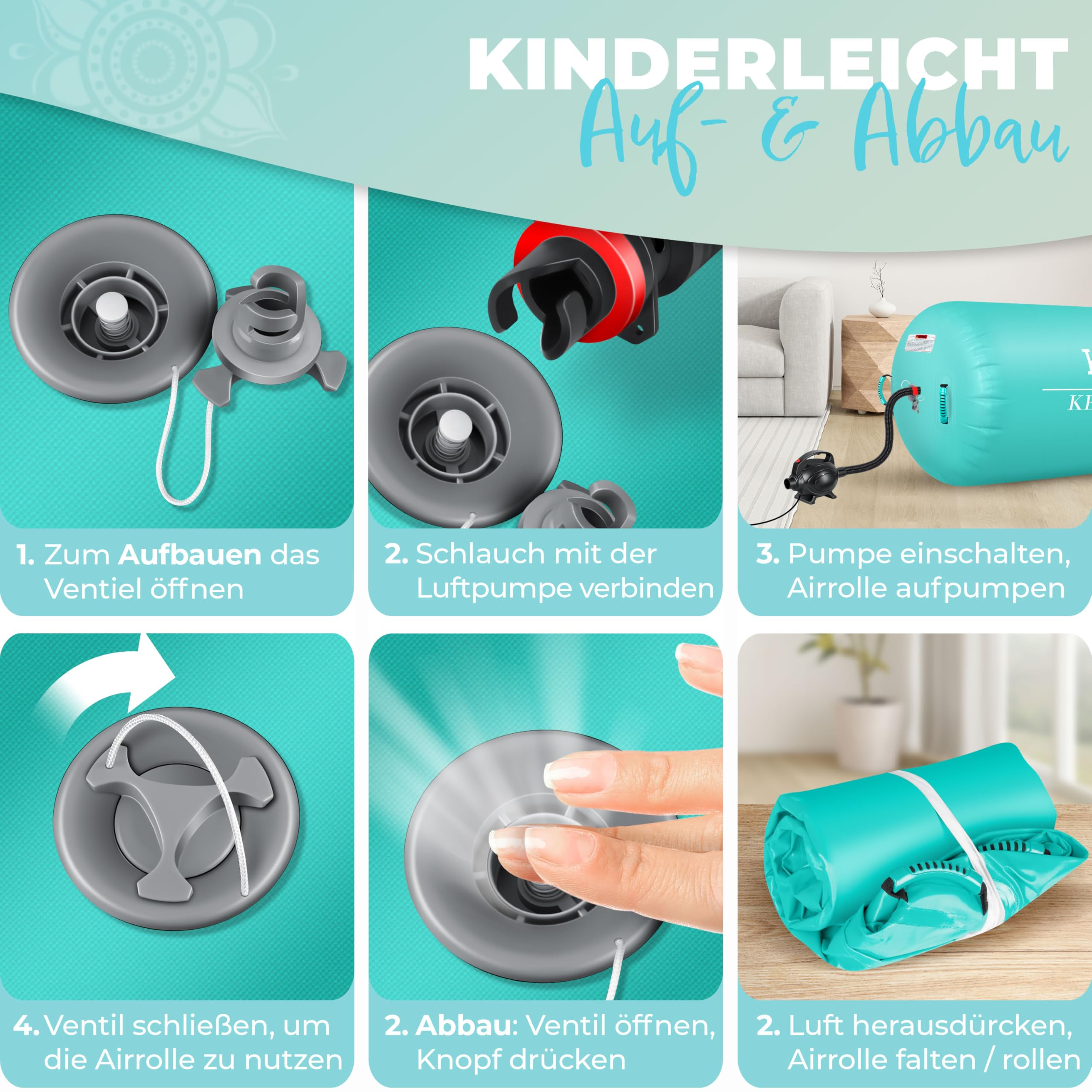 Sechsschr. Anleitung zum Auf- und Abpumpen einer türkisen Airrolle mit Ventil und Pumpe.